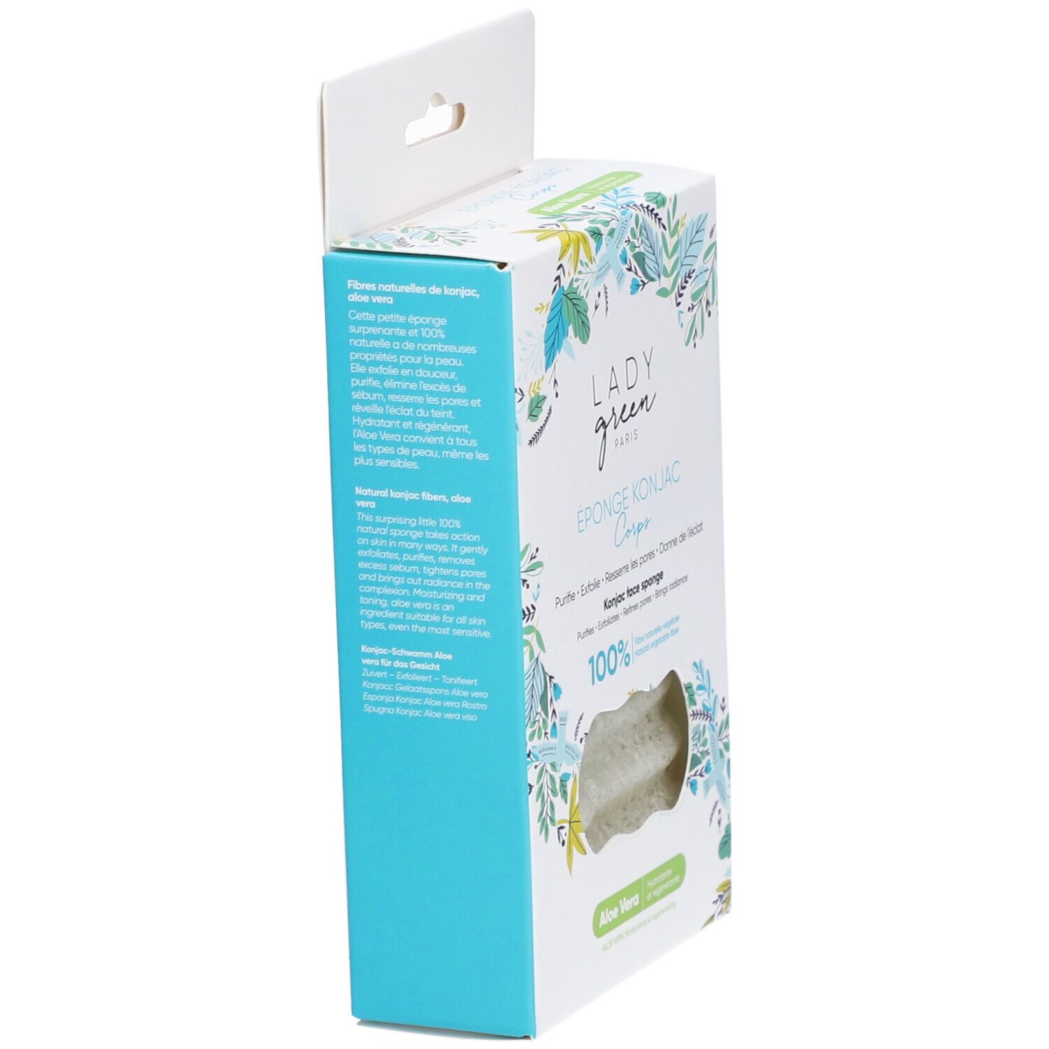 Zijaanzicht van de Lady Green verpakking met Konjac spons. Tekst: Konjac face sponge, 100% natuurlijke ingrediënten.