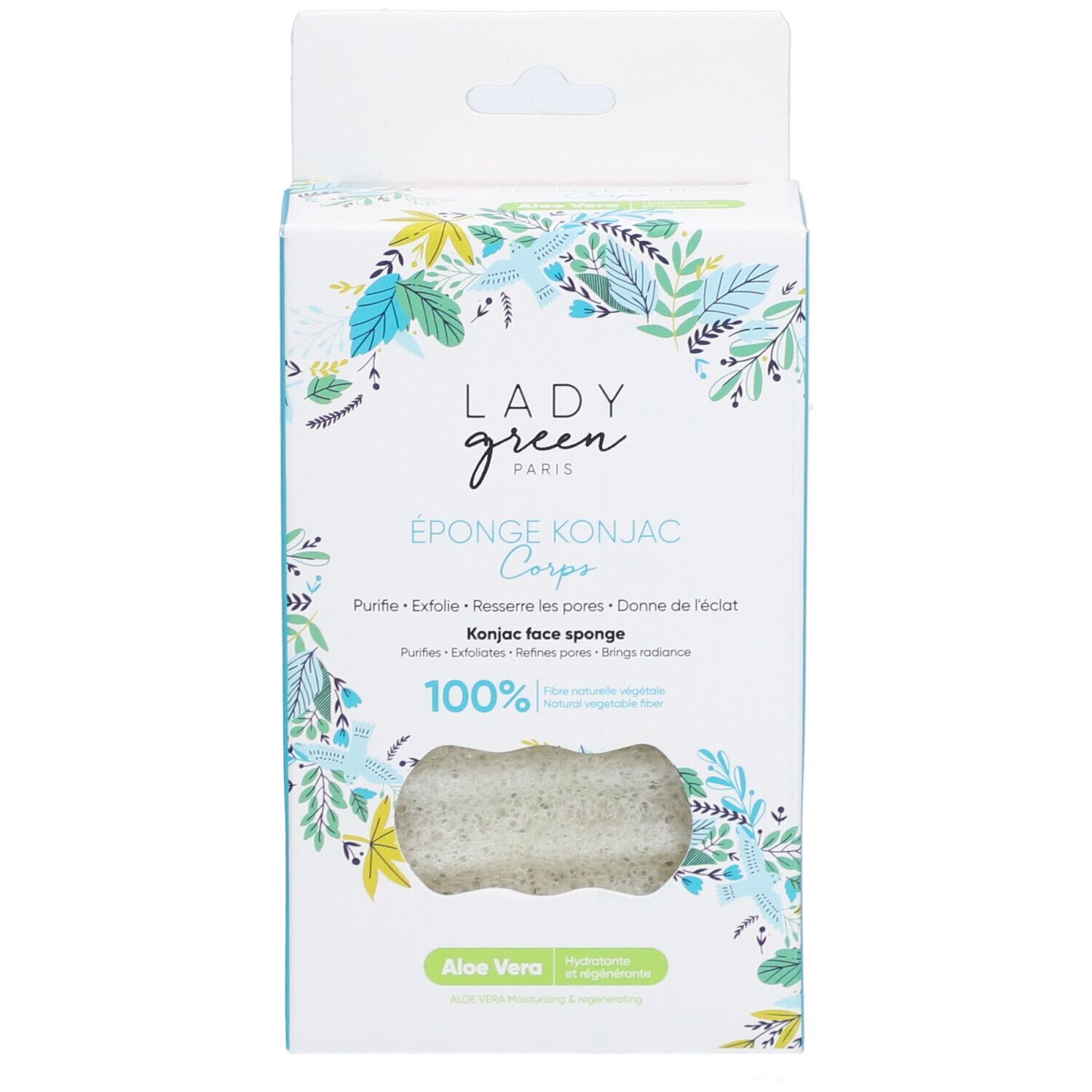 Vooraanzicht van de Lady Green verpakking met Konjac spons. Tekst: Konjac face sponge, Aloe Vera, 100% natuurlijke ingrediënten.