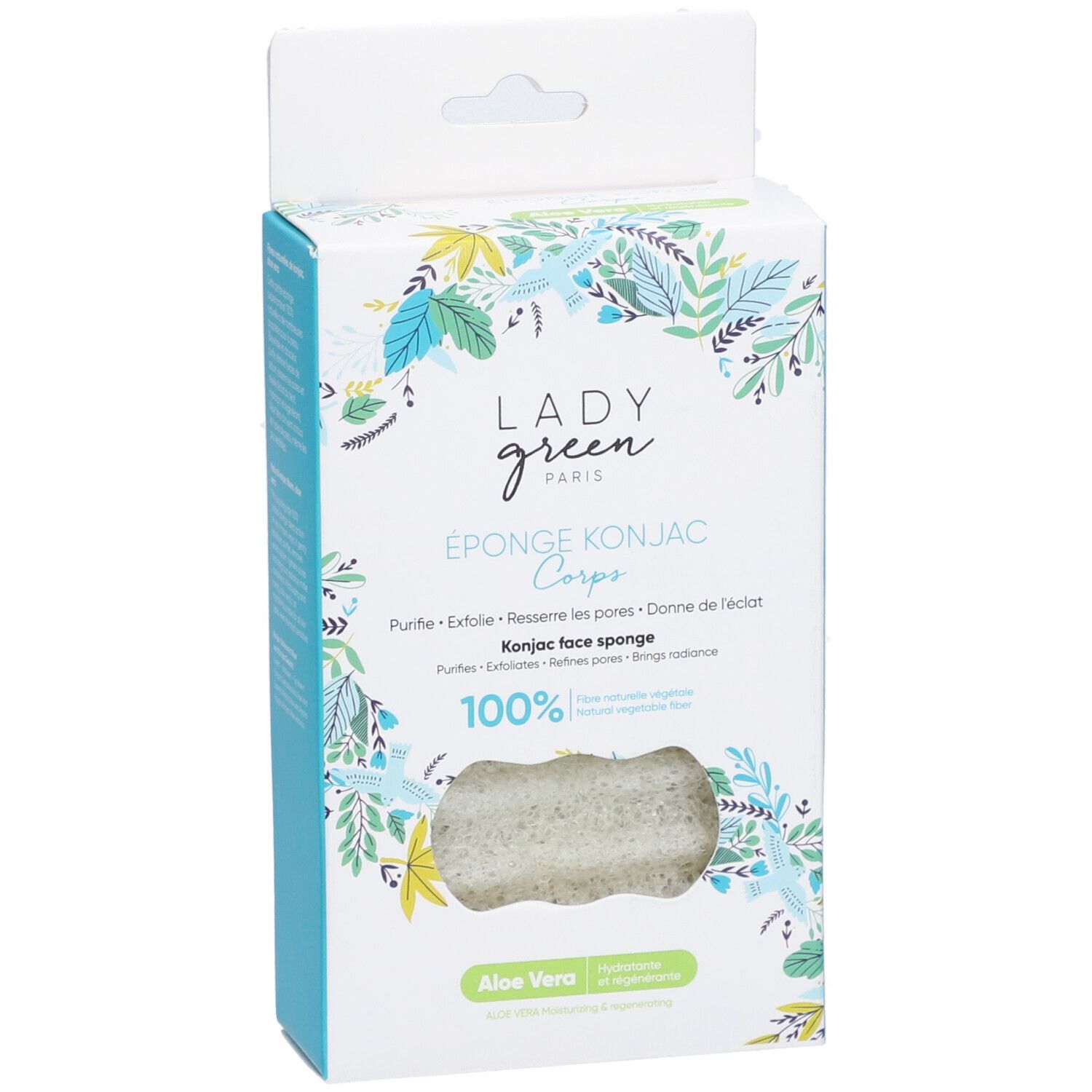 Vooraanzicht van de Lady Green verpakking met Konjac spons. Tekst: Konjac face sponge, Aloe Vera, 100% natuurlijke ingrediënten.