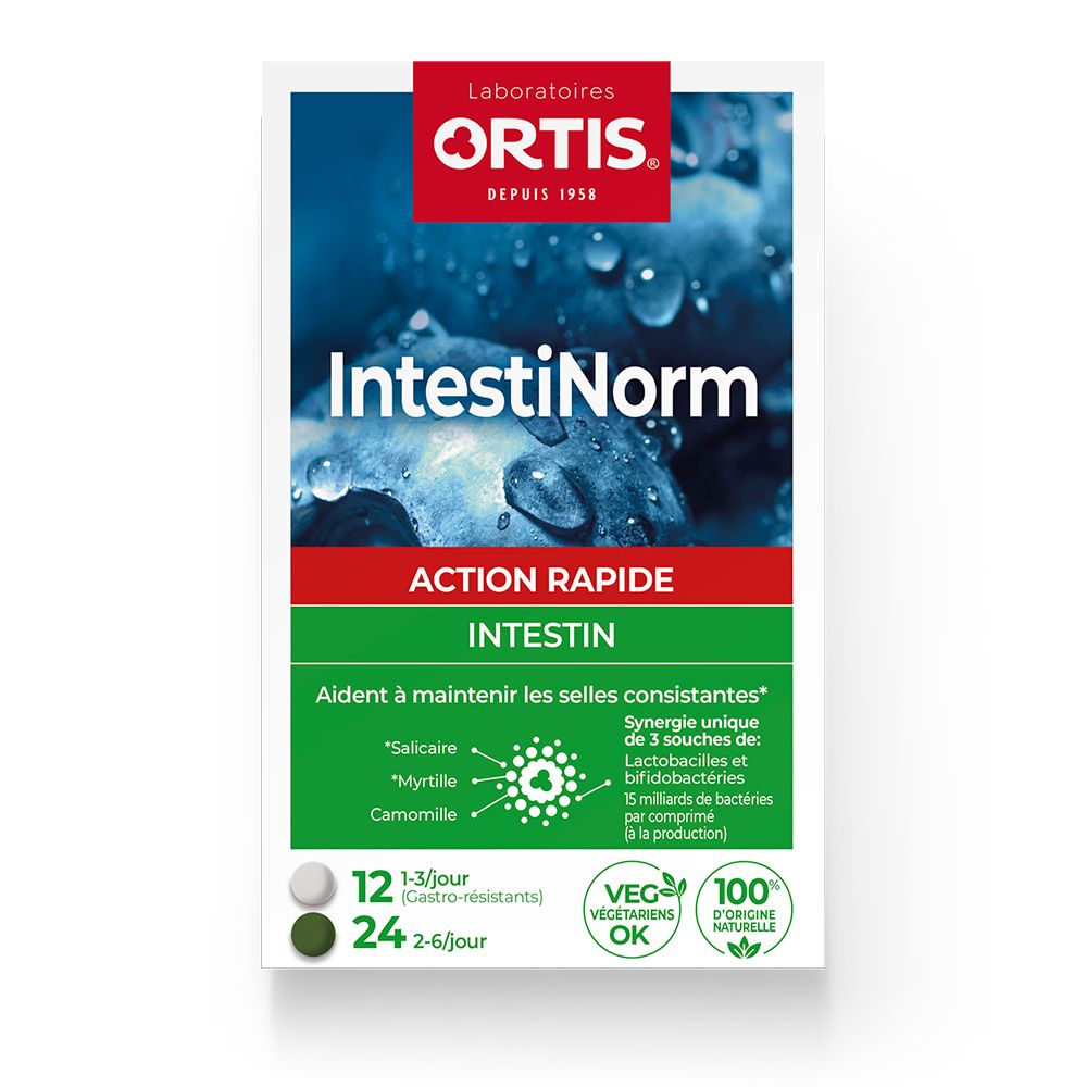ORTIS® IntestiNorm verpakking. Witte doos met productnaam en logo. Bevat 12 of 24 tabletten. Tekst in het Frans.