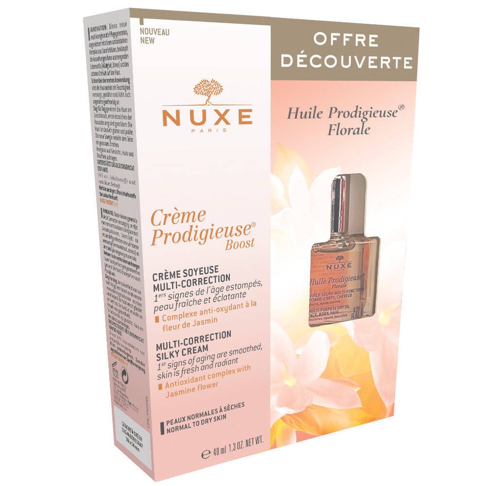Coffret cadeau NUXE avec logo et noms de produits. Contient crème et huile. Design rose et blanc avec éléments floraux.