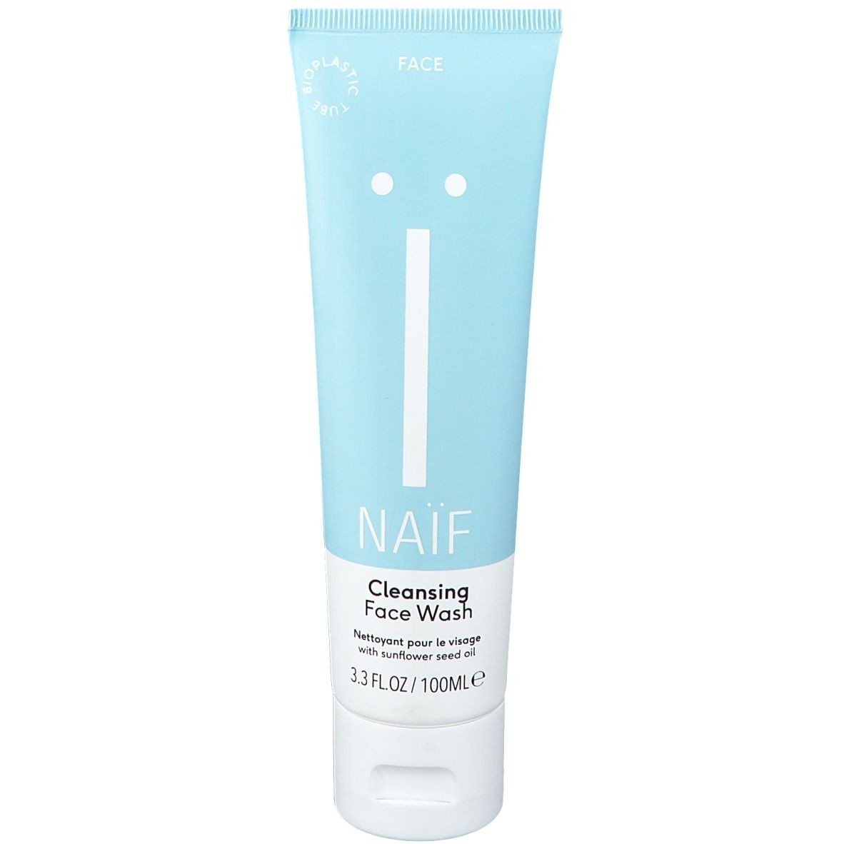 Hellblaue Tube NAÏF Gesichtsreinigung. Weißer Deckel. Aufschrift: Cleansing Face Wash. Bioplastic Daily.