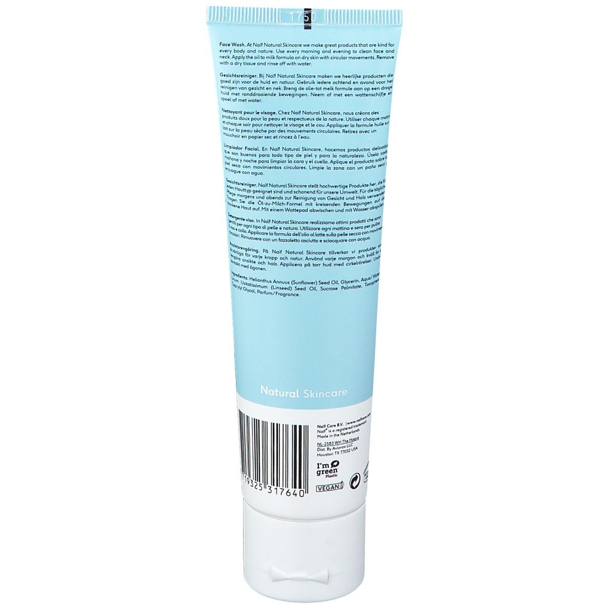 Rückseite der hellblauen Tube NAÏF Gesichtsreinigung. Text in mehreren Sprachen. Barcode und Logo.