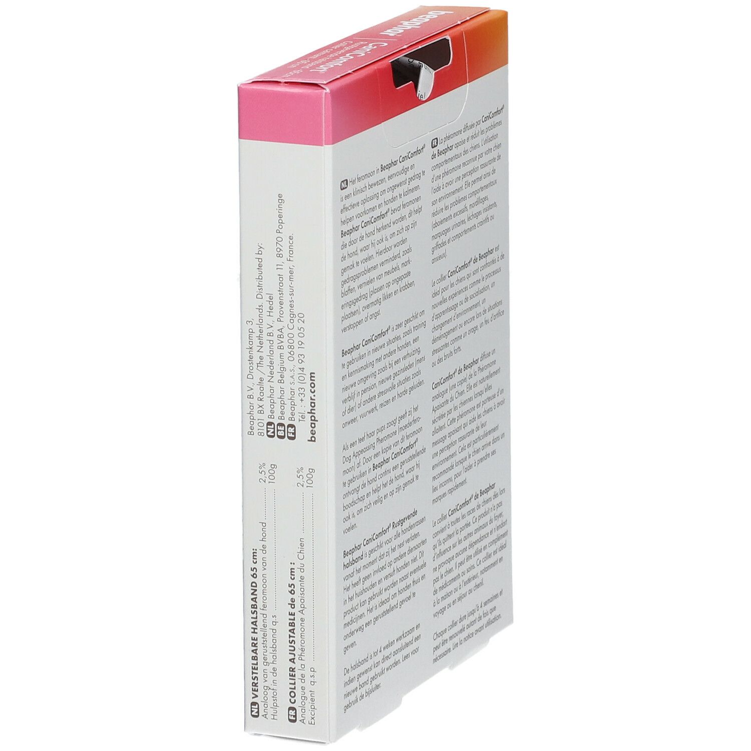 Seitenansicht der Verpackung. Text: beaphar, Informationen zur Zusammensetzung und Hersteller.