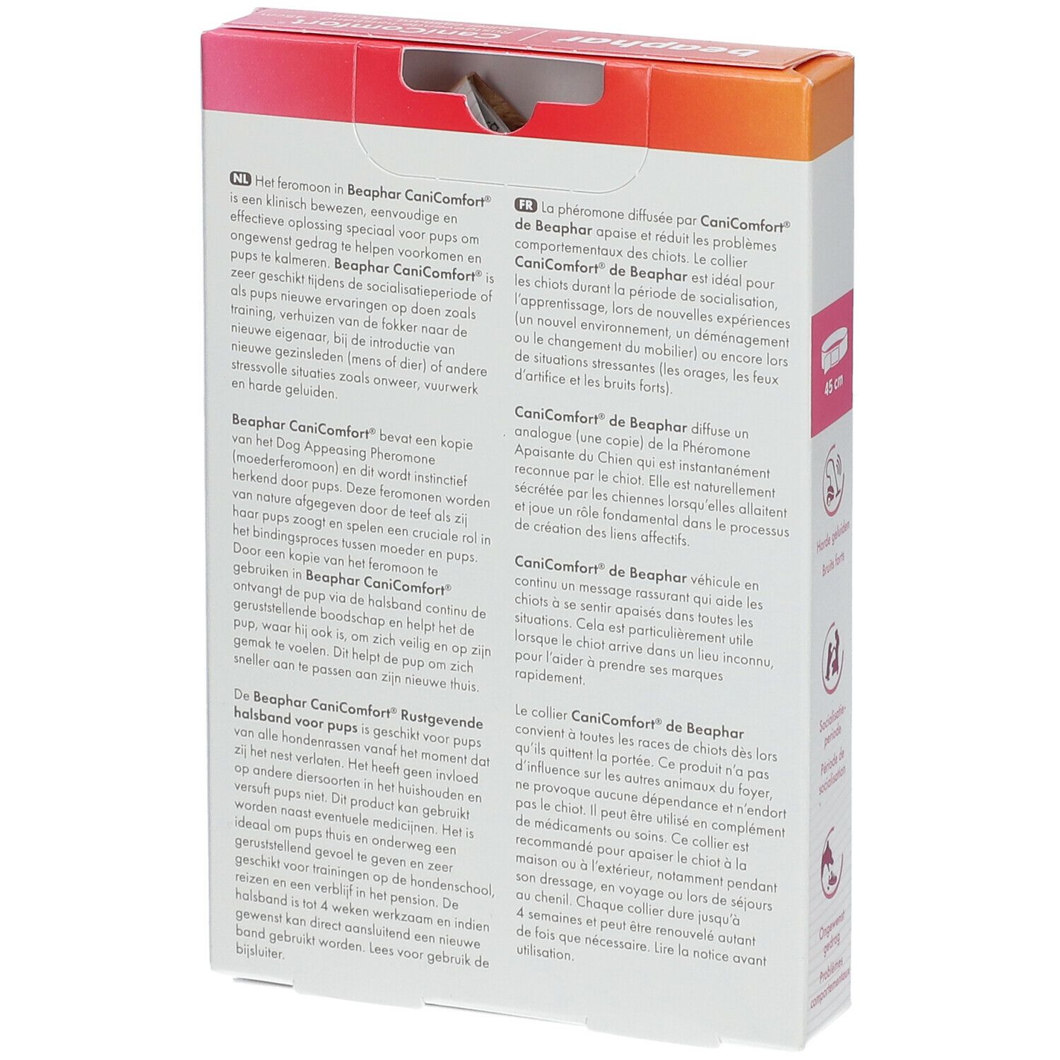 Rückseite der Verpackung des Halsbands für Welpen. Text in Deutsch, Französisch und Niederländisch. Enthält Informationen zur Anwendung und Inhaltsstoffe.