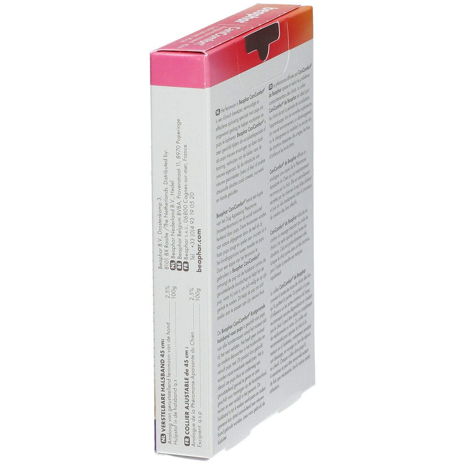 Seitenansicht der Verpackung des Halsbands für Welpen. Text in Deutsch, Französisch und Niederländisch. Enthält Informationen zur Anwendung und Inhaltsstoffe.