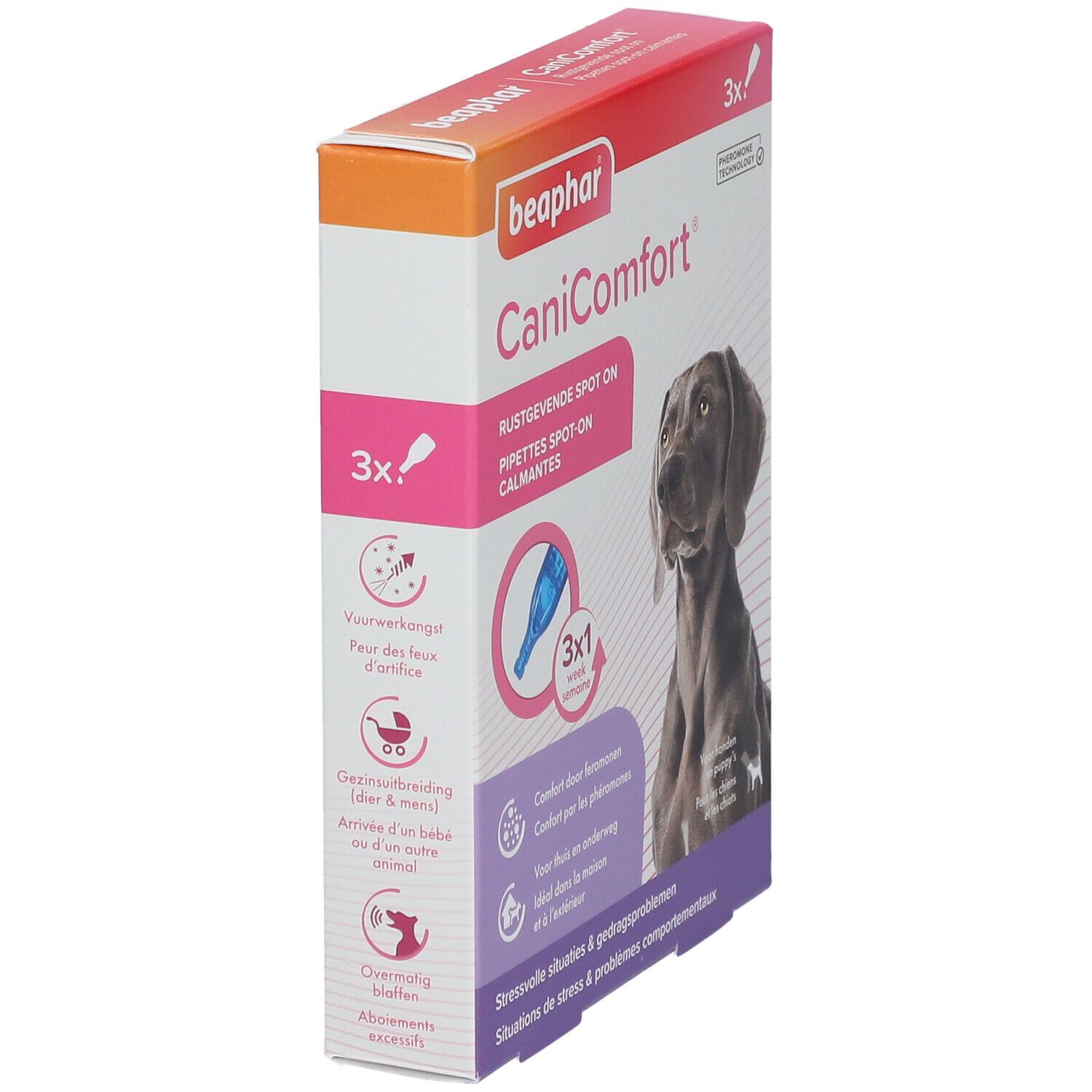 Verpakking Beaphar CaniComfort Spot-On. Bevat 3 pipetten. Afbeelding van een hond. Schuine weergave.