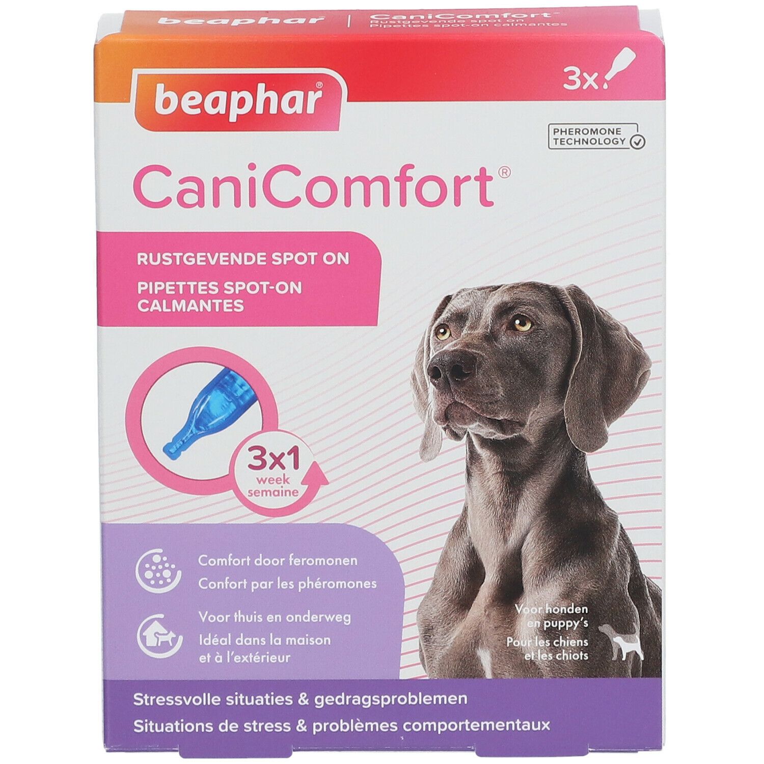 Verpakking Beaphar CaniComfort Spot-On. Bevat 3 pipetten. Afbeelding van een hond. Vooraanzicht.