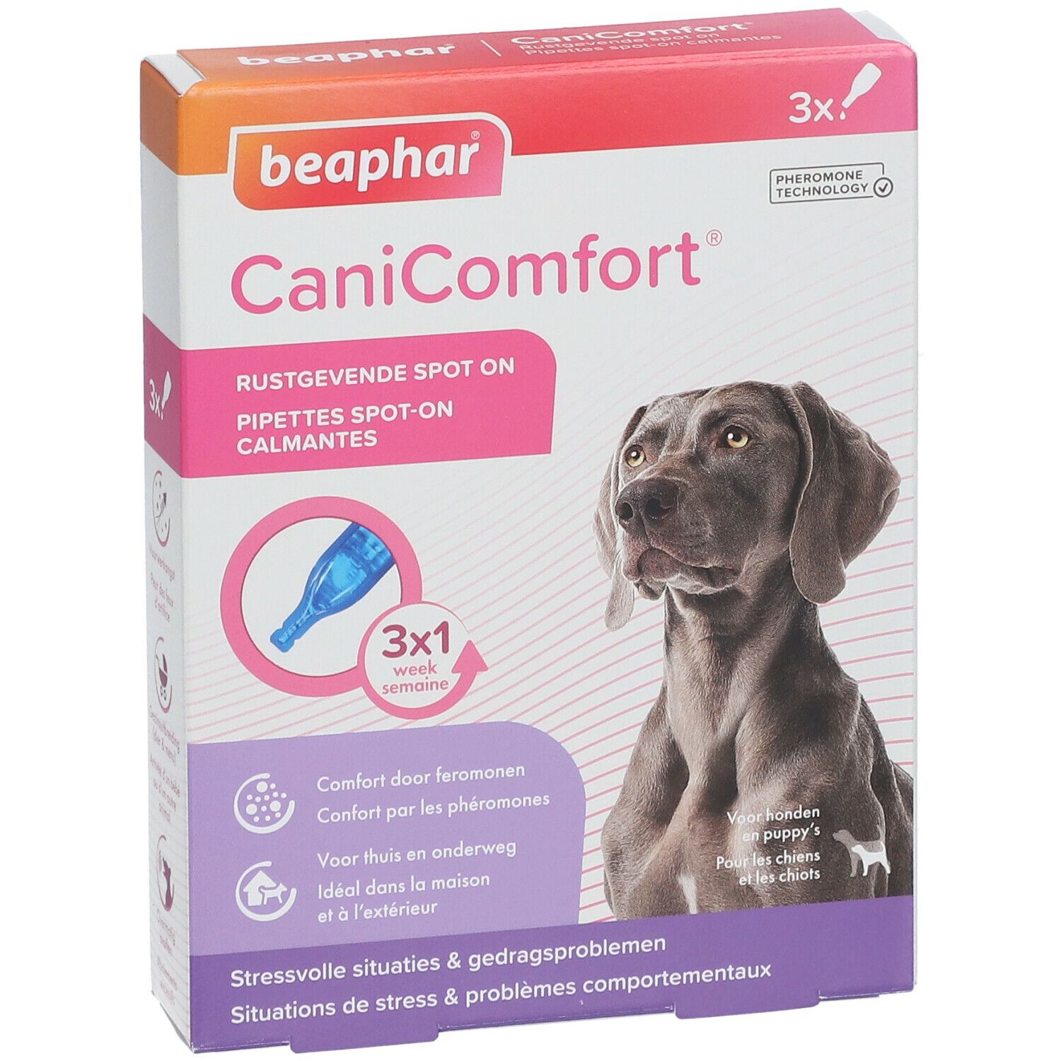 Verpakking Beaphar CaniComfort Spot-On. Bevat 3 pipetten. Afbeelding van een hond. Vooraanzicht.