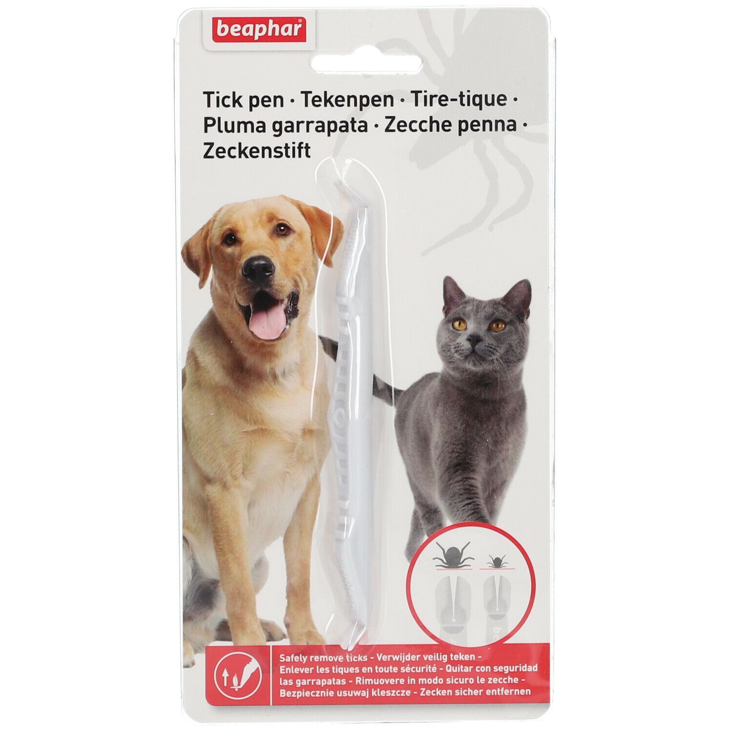 Beaphar tekenpen op verpakking. Hond en kat naast pen afgebeeld. Productnaam en instructies.