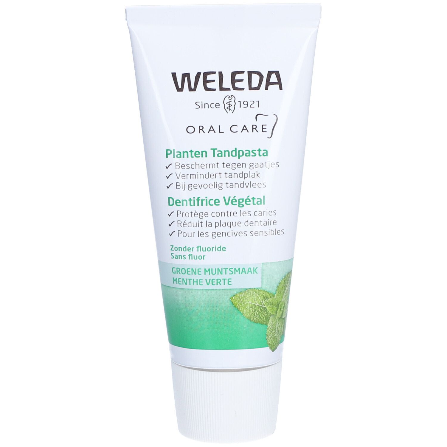 Witte tube met groene accenten. Opschrift: WELEDA, Pflanzen Tandpasta, Dentifrice Végétal, Groene Muntsmaak. Illustratie van munt.