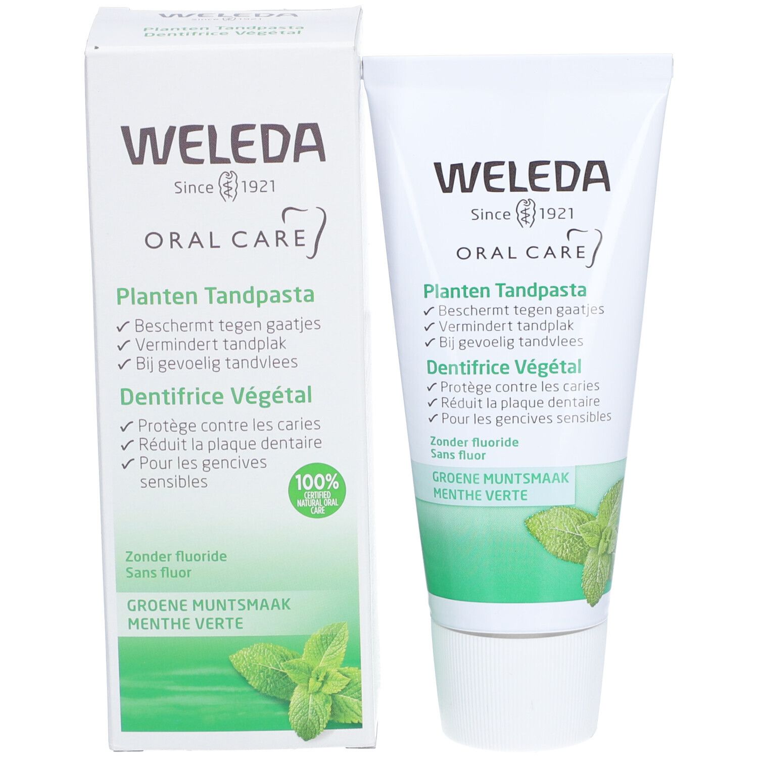 Tandpasta tube en doos. Opschrift: WELEDA, Pflanzen Tandpasta, Dentifrice Végétal, Groene Muntsmaak. 100% certificering.