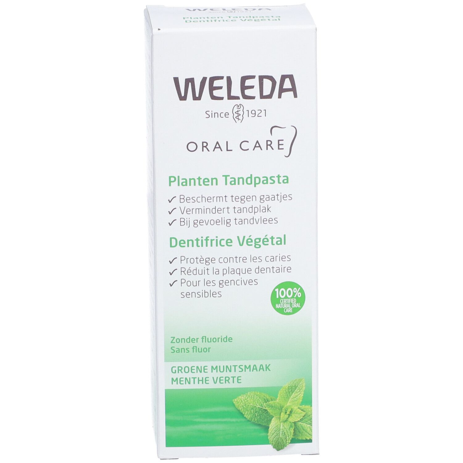 Witte doos met groene accenten. Opschrift: WELEDA, Pflanzen Tandpasta, Dentifrice Végétal, Groene Muntsmaak. 100% certificering.