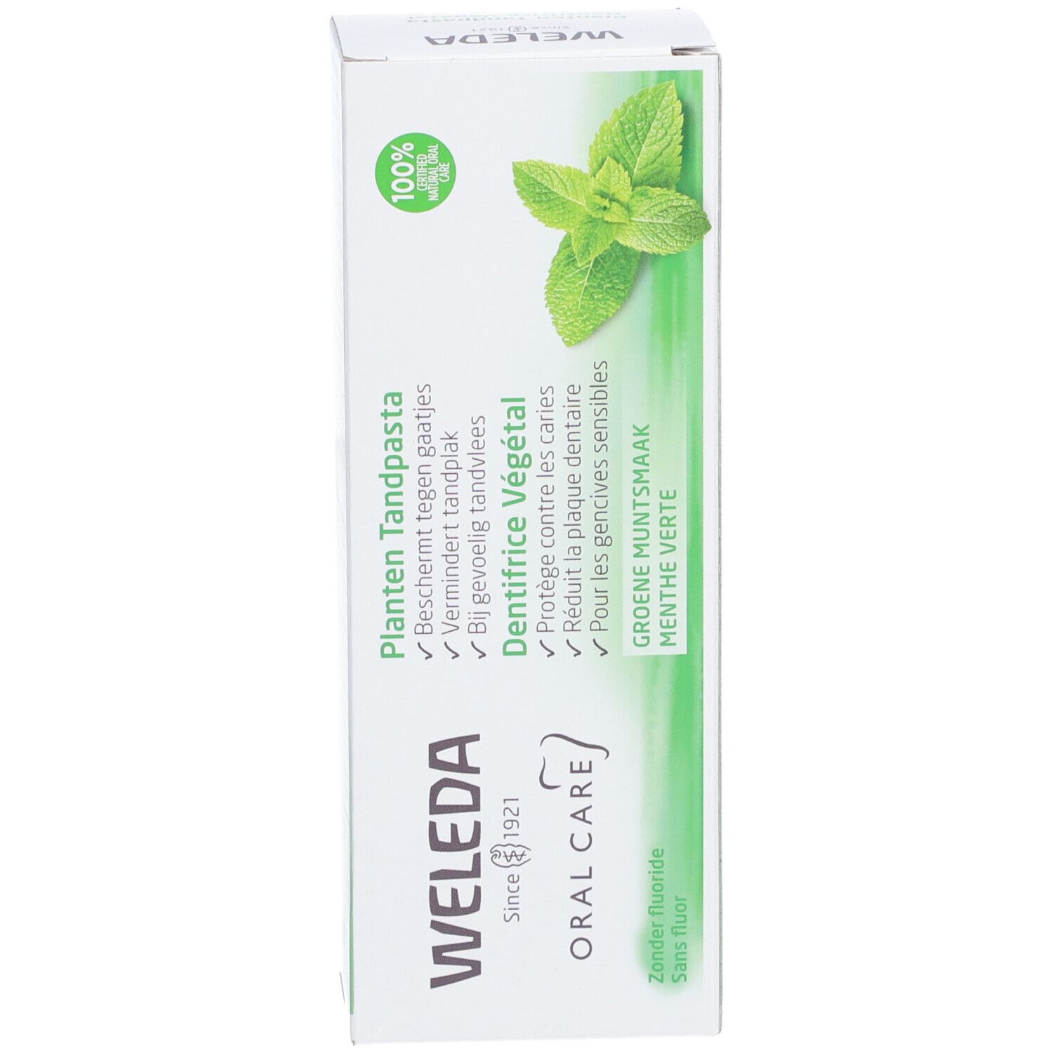 Witte doos met groene accenten. Opschrift: WELEDA, Pflanzen Tandpasta, Dentifrice Végétal, Groene Muntsmaak. 100% certificering.