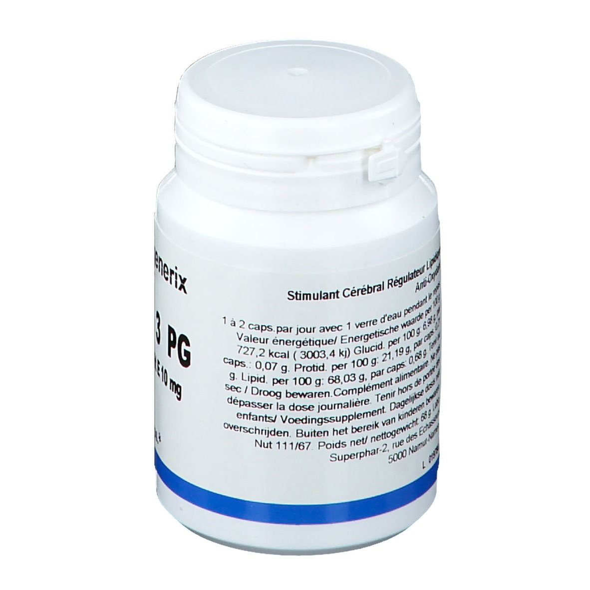 Witte fles met capsules. Opschrift: PharmaGenerix Omega 3 PG. Achterkant met tekst en barcode.