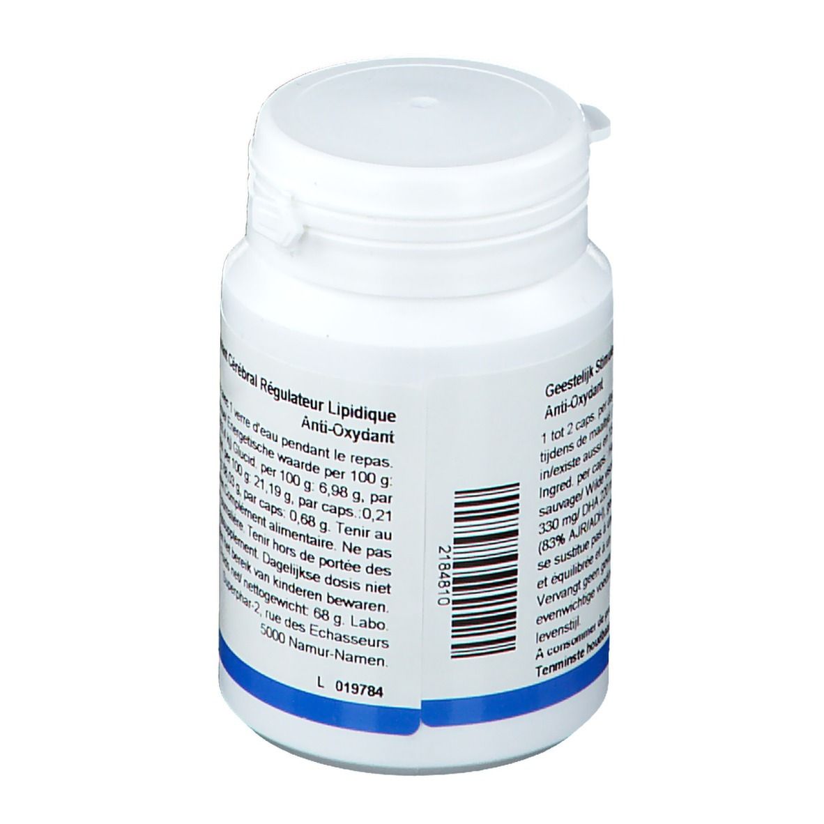 Witte fles met capsules. Achterkant met tekst en barcode. Blauwe en witte belettering.