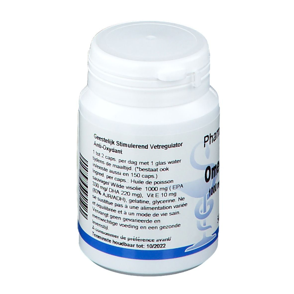 Witte fles met capsules. Opschrift: PharmaGenerix Omega 3 PG. Achterkant met tekst.