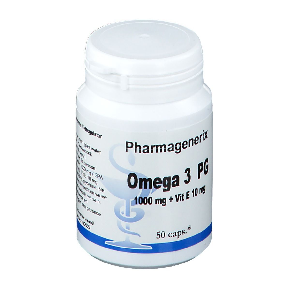 Witte fles met capsules. Opschrift: PharmaGenerix Omega 3 PG, 1000 mg + Vit E 10 mg, 50 caps.
