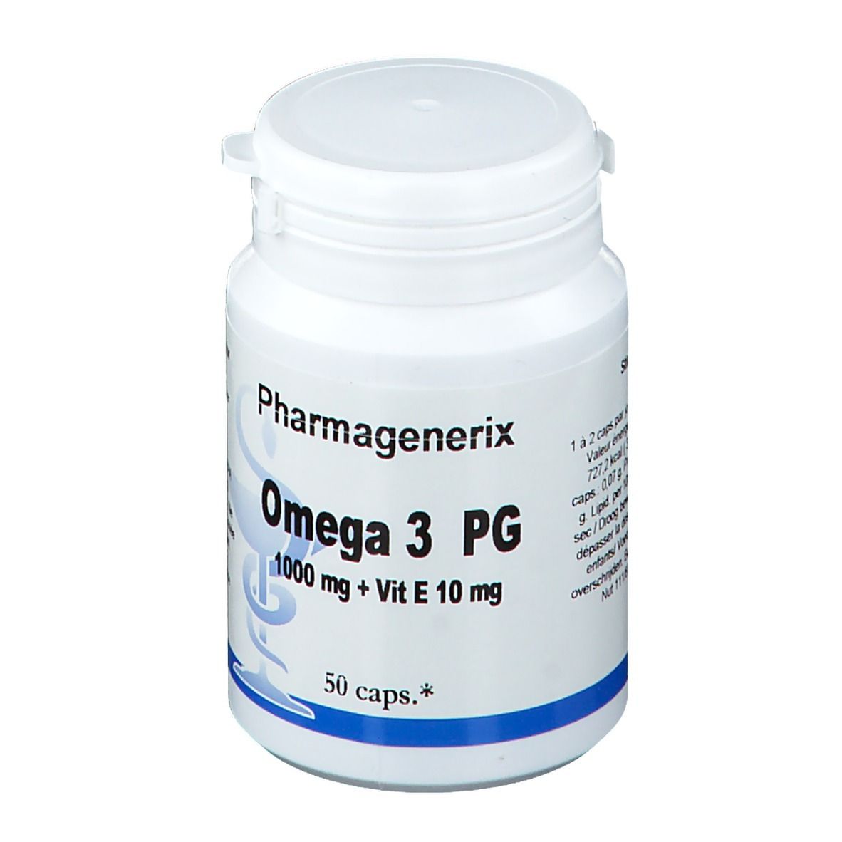Witte fles met capsules. Opschrift: PharmaGenerix Omega 3 PG, 1000 mg + Vit E 10 mg, 50 caps.