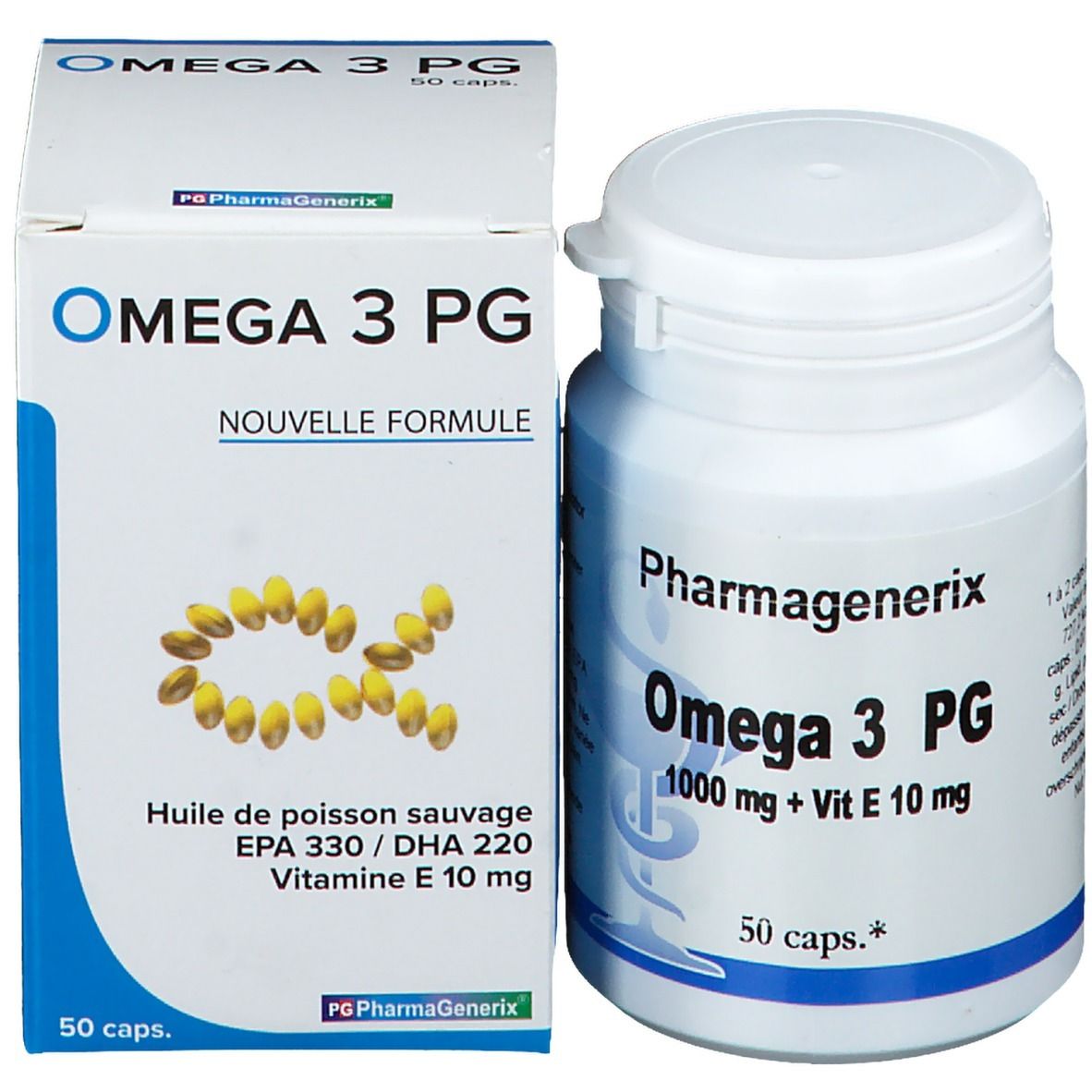 Witte fles en doos. Opschrift: Omega 3 PG, PharmaGenerix. 50 caps. Nieuwe formule.