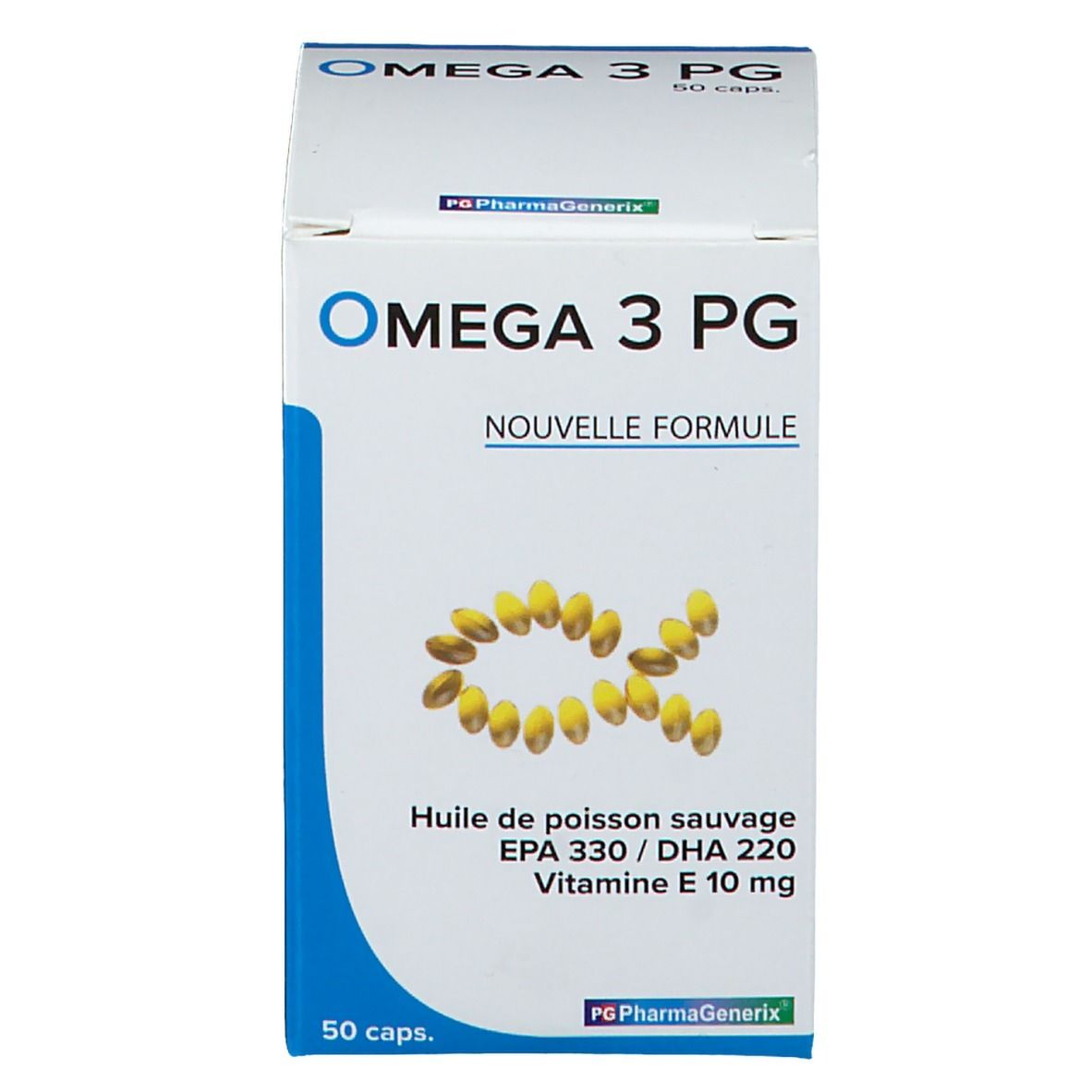 Witte doos. Opschrift: Omega 3 PG, Nieuwe formule. Afbeelding van capsules. PharmaGenerix logo.