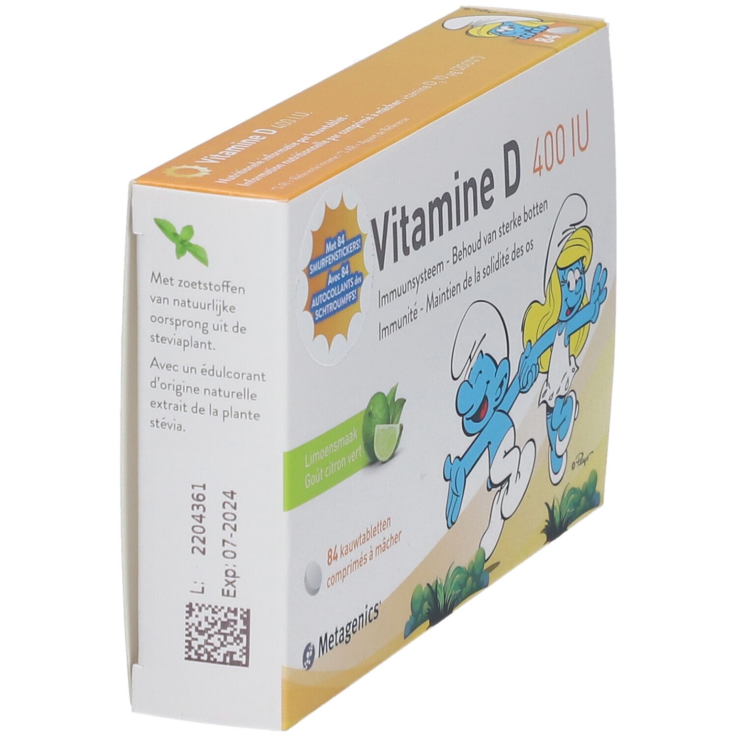 Boîte de Vitamine D 400 UI. Inscription: Metagenics, Schtroumpfs, citron vert. Contient 84 autocollants.