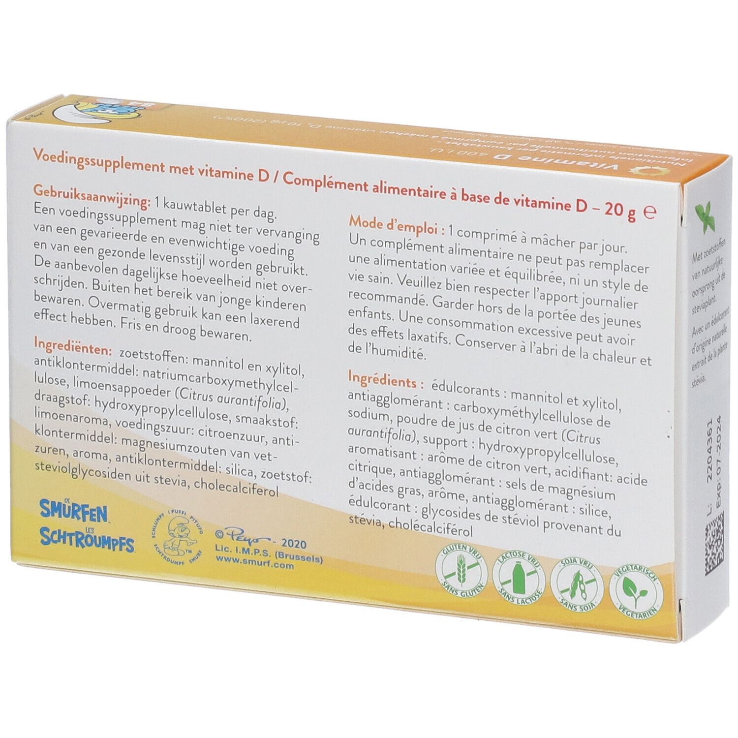 Dos de la boîte de Vitamine D 400 UI. Texte en allemand, français et néerlandais. Avec les Schtroumpfs.
