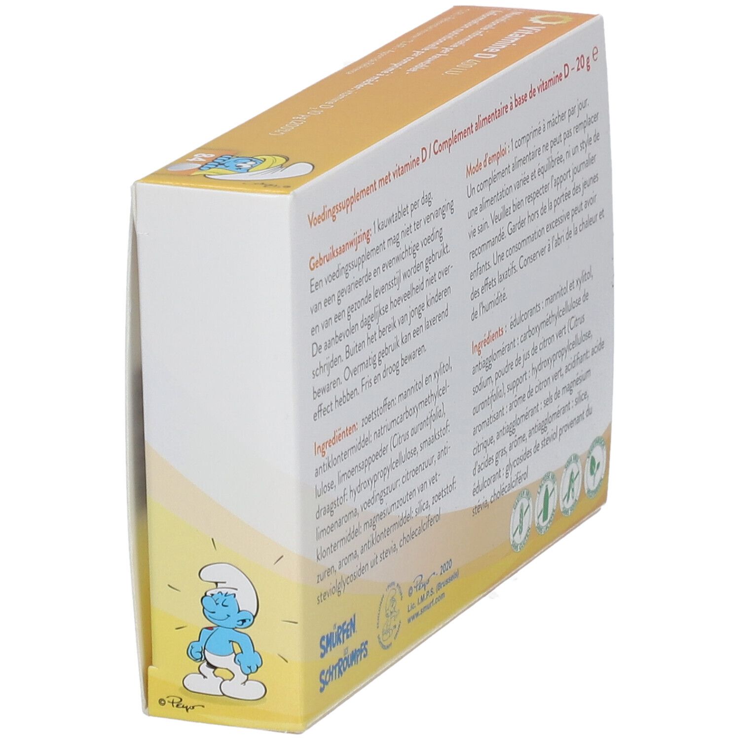 Côté de la boîte de Vitamine D 400 UI. Texte en allemand, français et néerlandais. Avec un Schtroumpf.