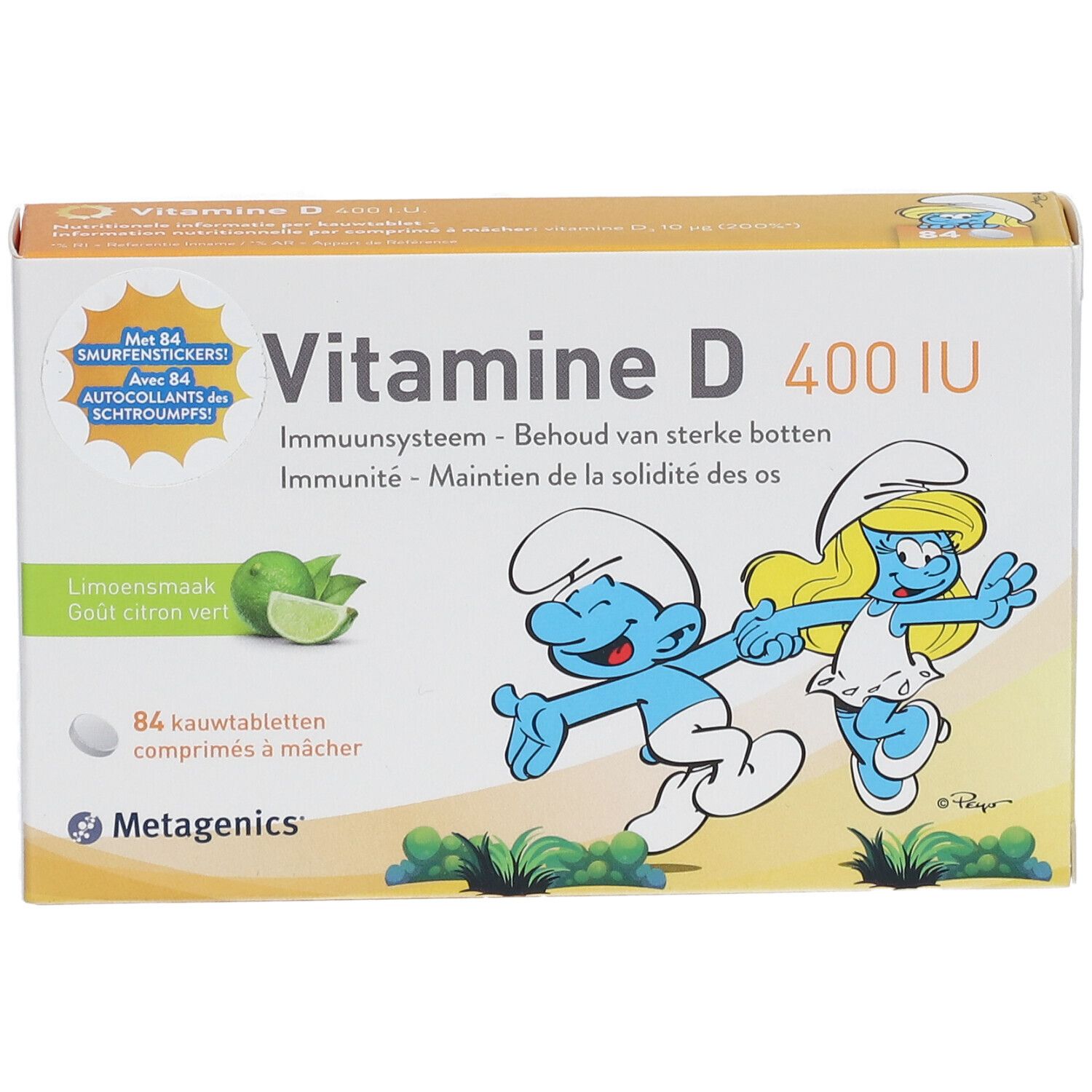 Boîte de Vitamine D 400 UI. Inscription: Metagenics, Schtroumpfs, citron vert. Contient 84 autocollants.