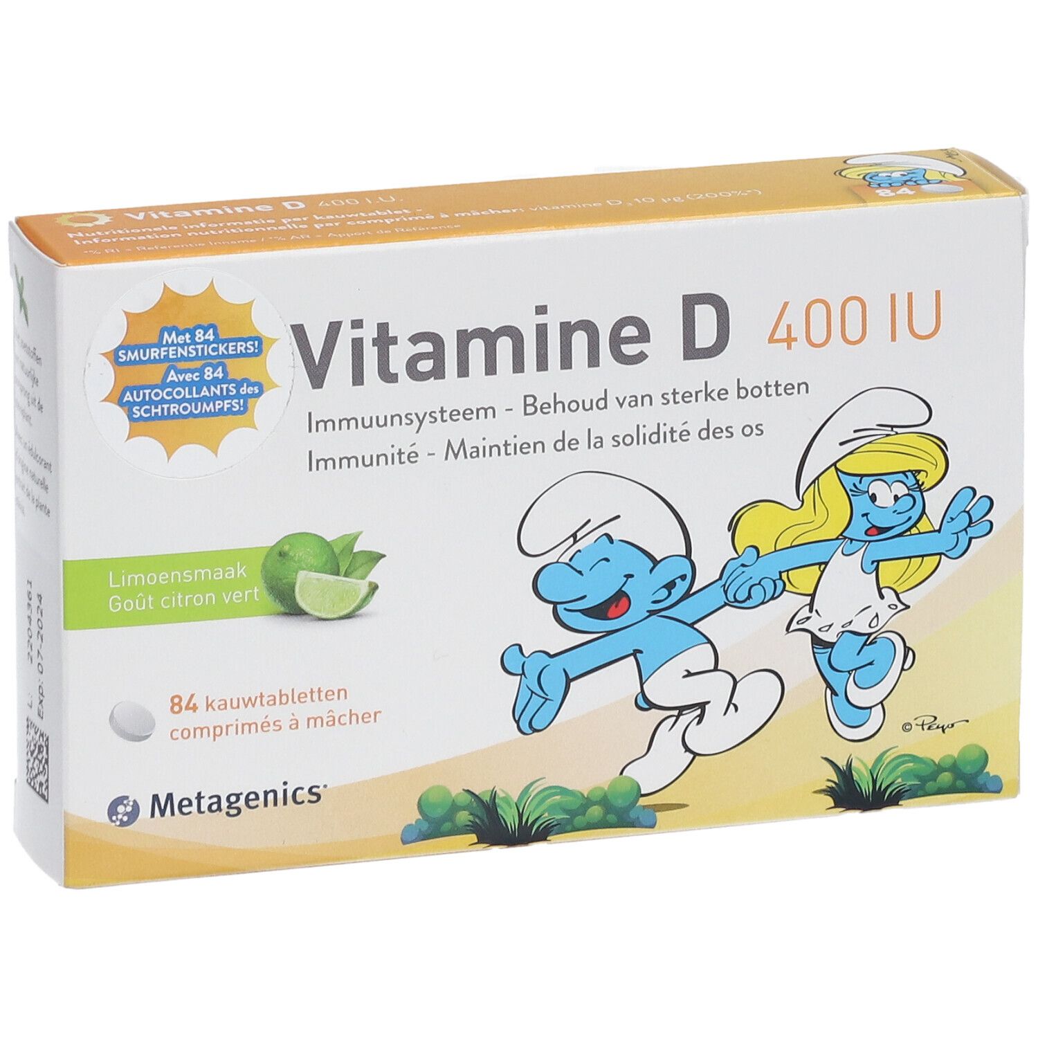 Boîte de Vitamine D 400 UI. Inscription: Metagenics, Schtroumpfs, citron vert. Contient 84 autocollants.