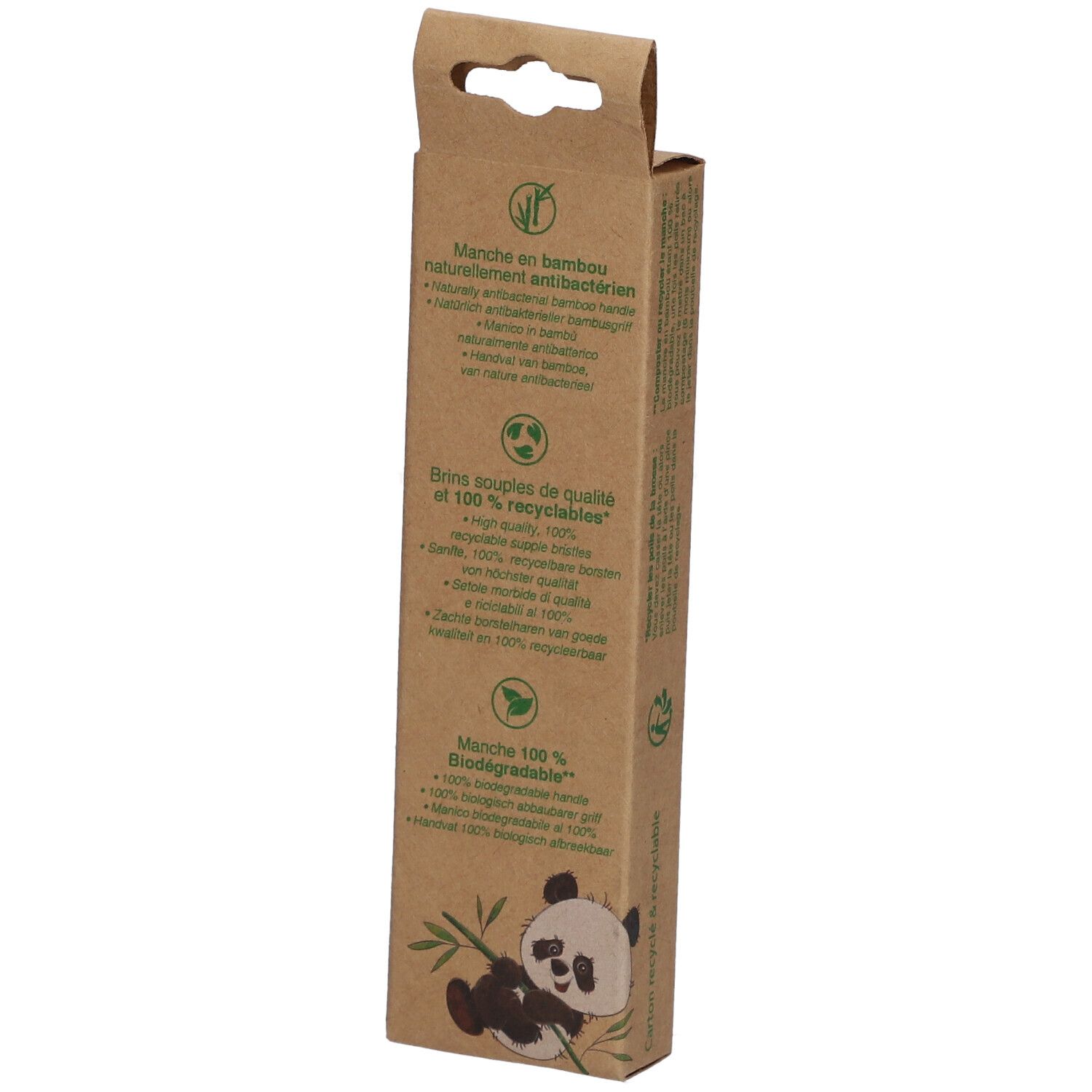 Rückseite der Zahnbürstenverpackung. Text: Bambus-Griff, recycelbar, biologisch abbaubar. Panda-Illustration.
