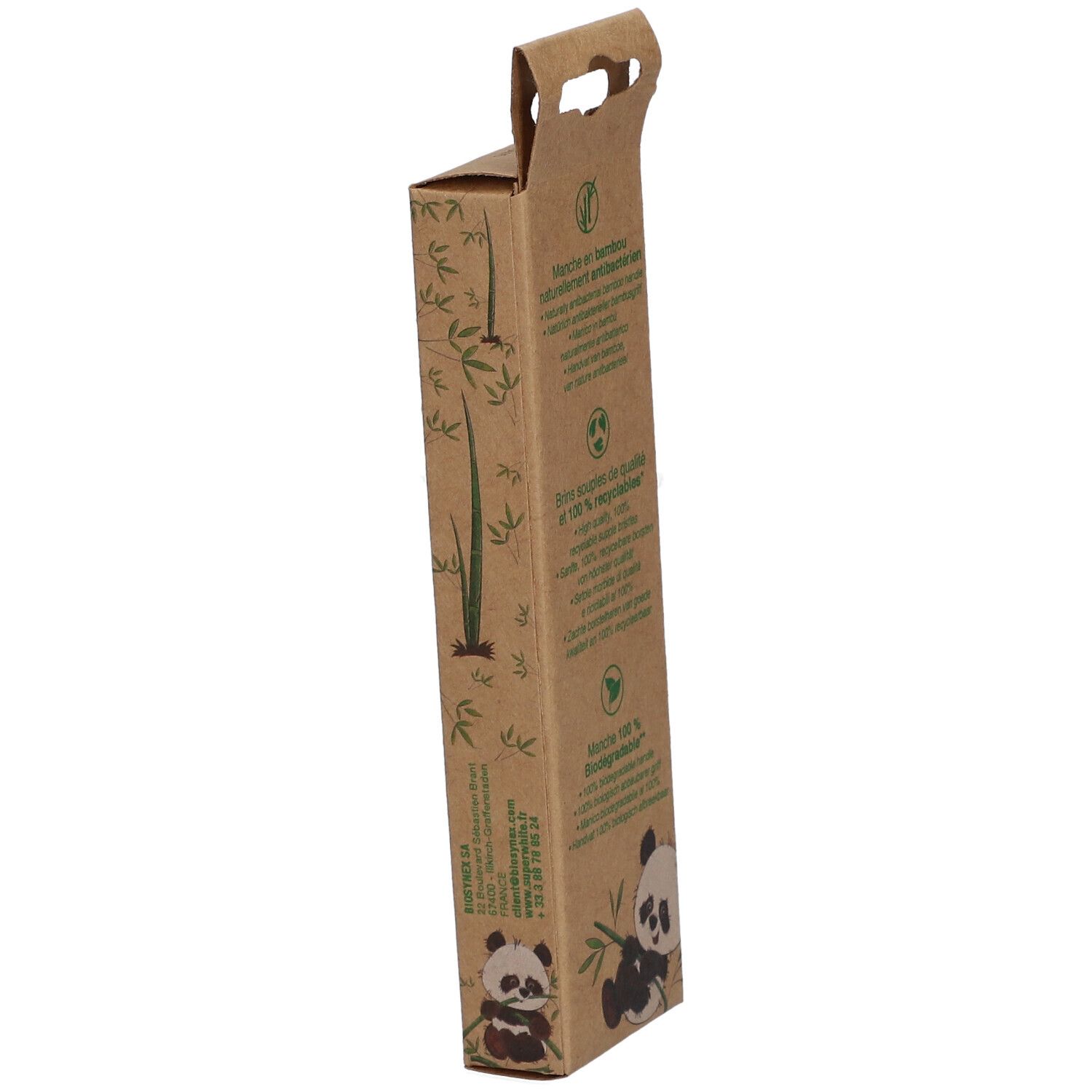 Seitenansicht der Zahnbürstenverpackung. Text: recycelbar, biologisch abbaubar. Panda-Illustration.