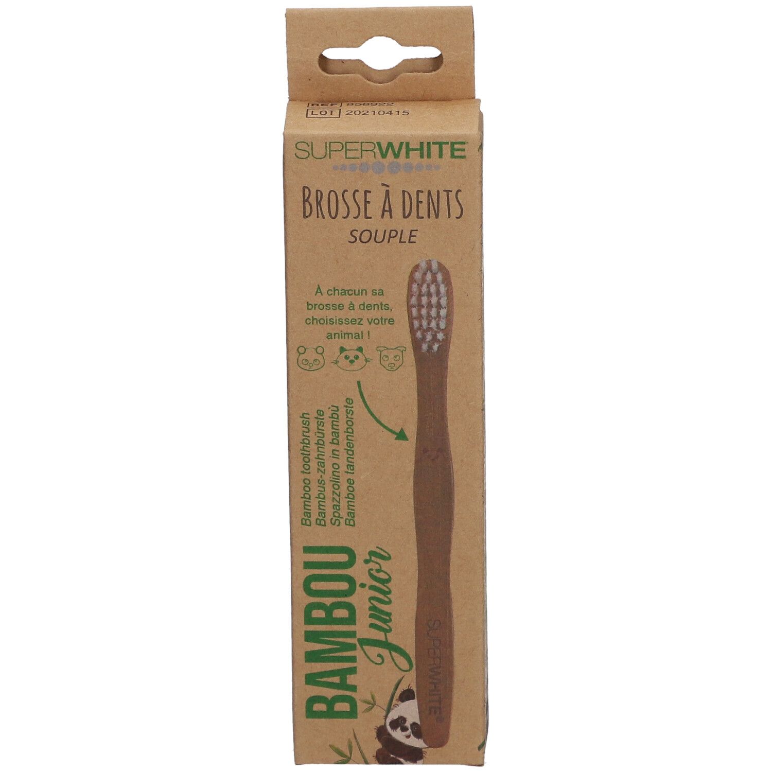 Zahnbürste in Pappverpackung. Bambus-Griff, weisse Borsten. Produktname und Panda-Illustration.