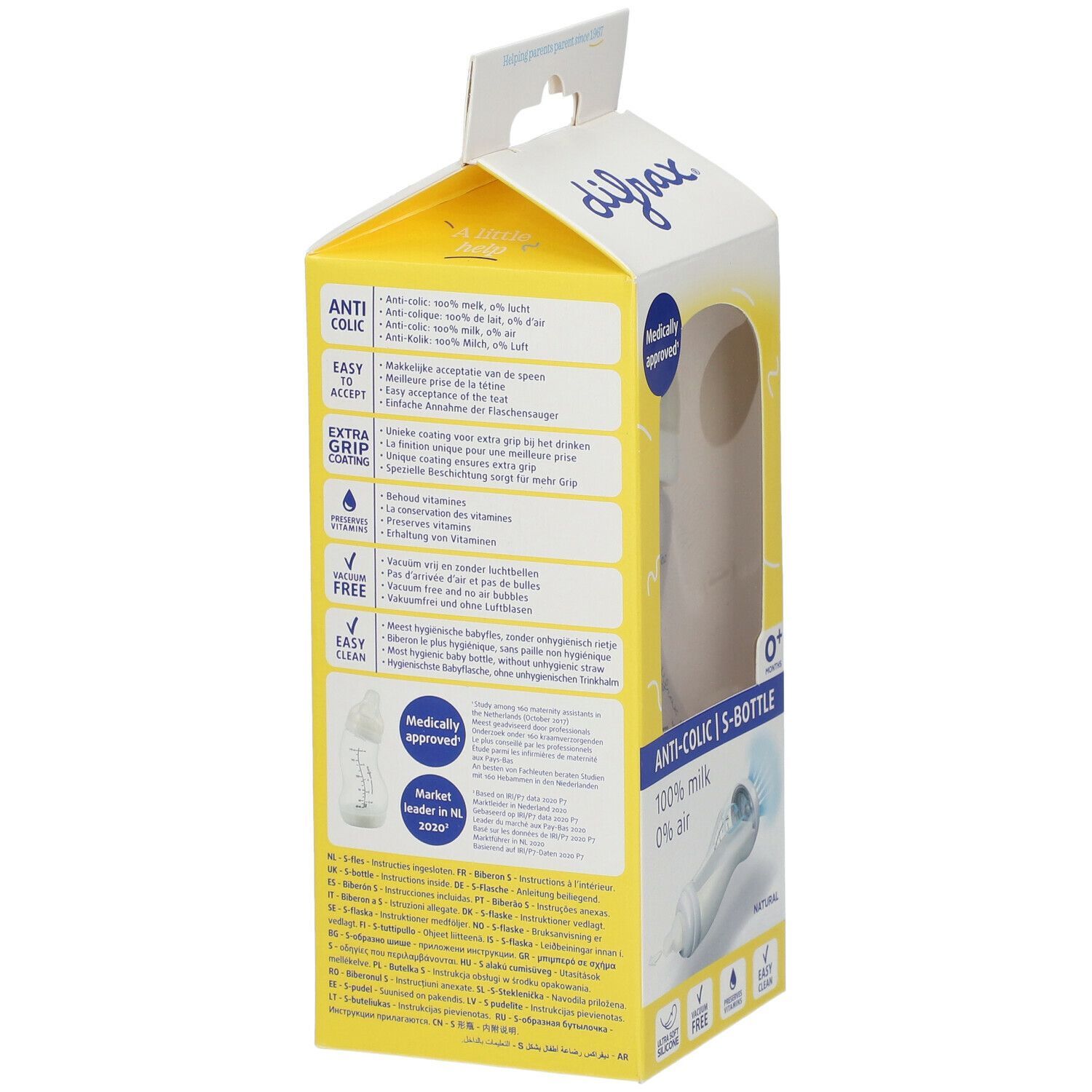 Achterkant van de gele verpakking. difrax® logo, productinformatie, afbeeldingen van flesonderdelen en certificering.