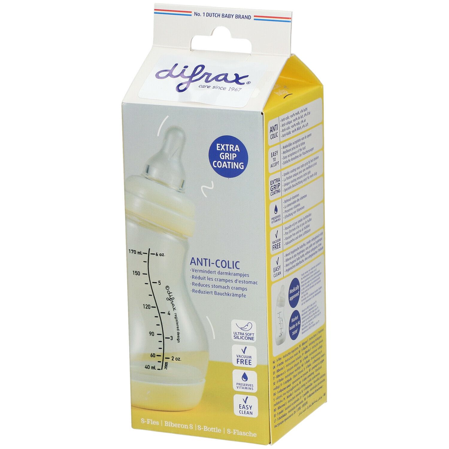 Babyfles in gele verpakking. Zichtbaar: difrax® logo, anti-koliek functie, maatschaal en Extra Grip Coating.