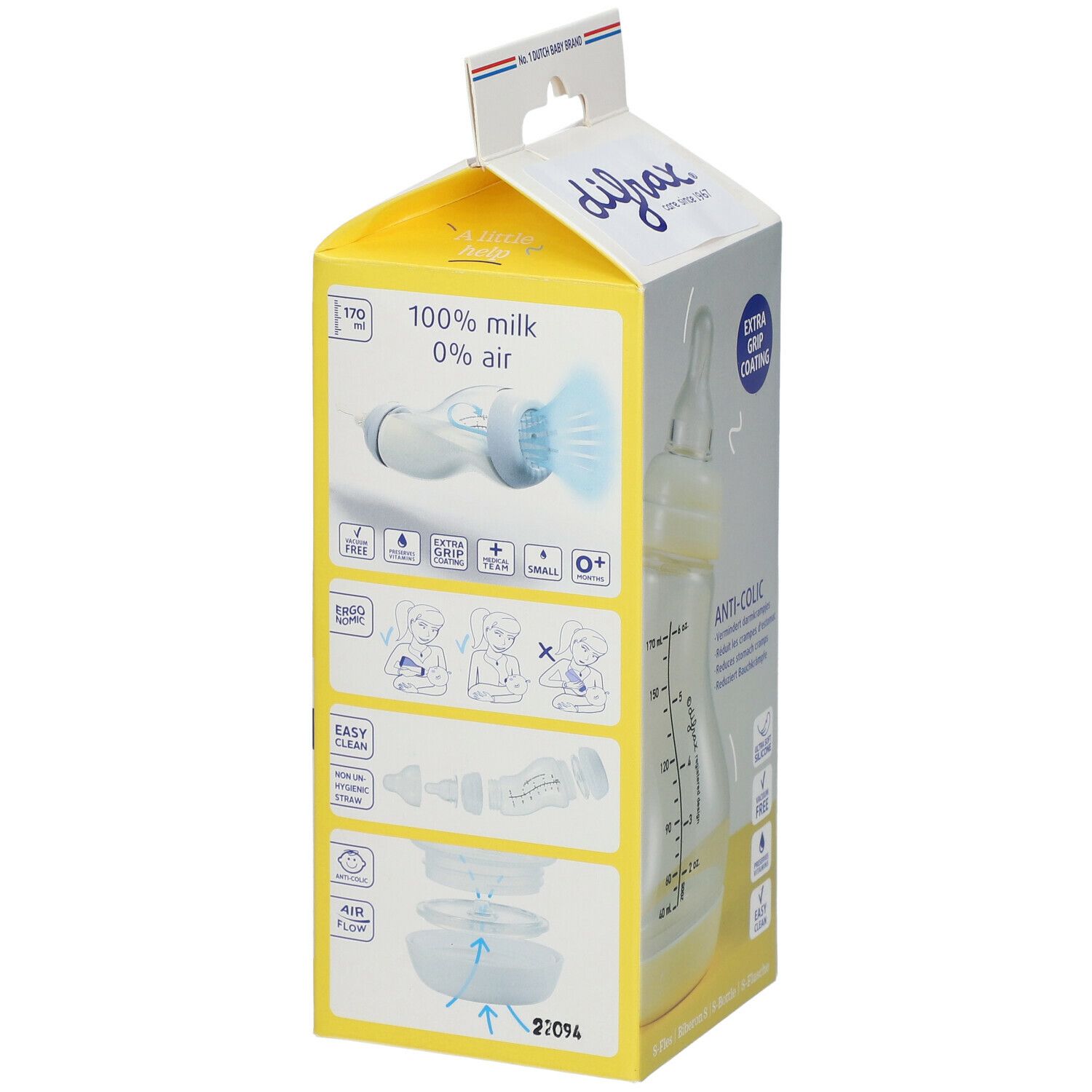 Achterkant van de gele verpakking. difrax® logo, productinformatie, afbeeldingen van flesonderdelen en certificering.