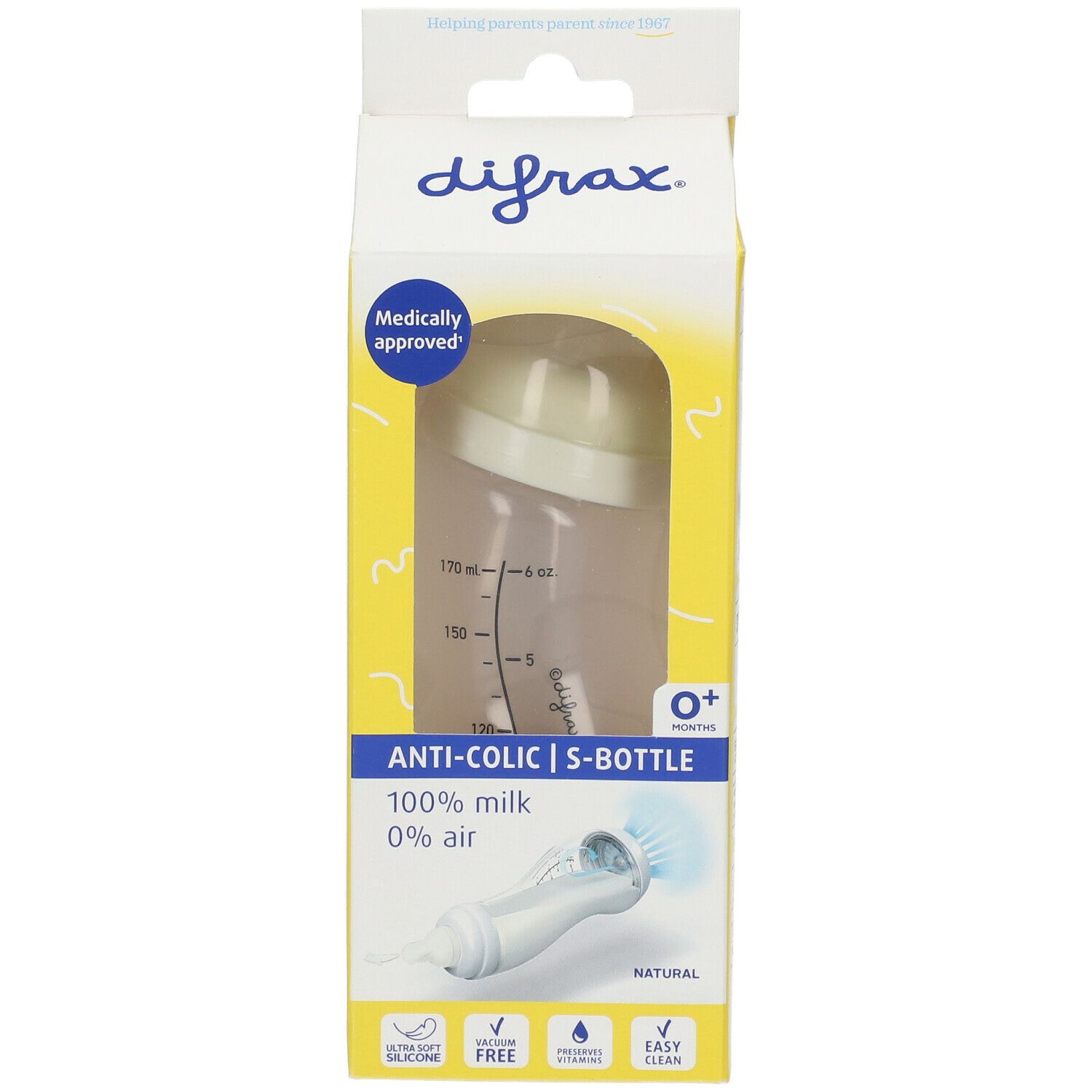 Babyfles in gele verpakking. Zichtbaar: difrax® logo, anti-koliek functie, 100% melk, 0% lucht. Met maatschaal.