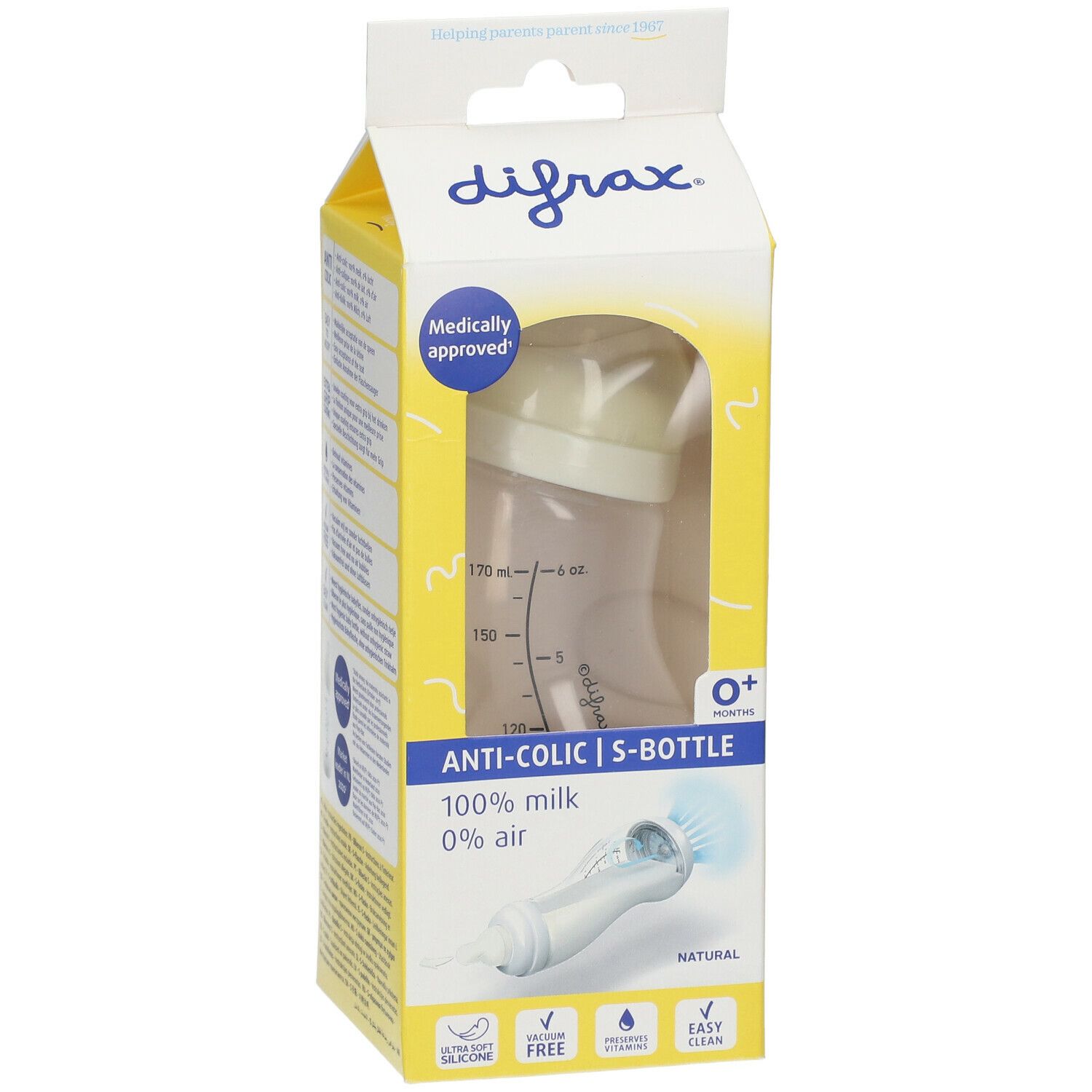 Babyfles in gele verpakking. Zichtbaar: difrax® logo, anti-koliek functie, 100% melk, 0% lucht. Met maatschaal.