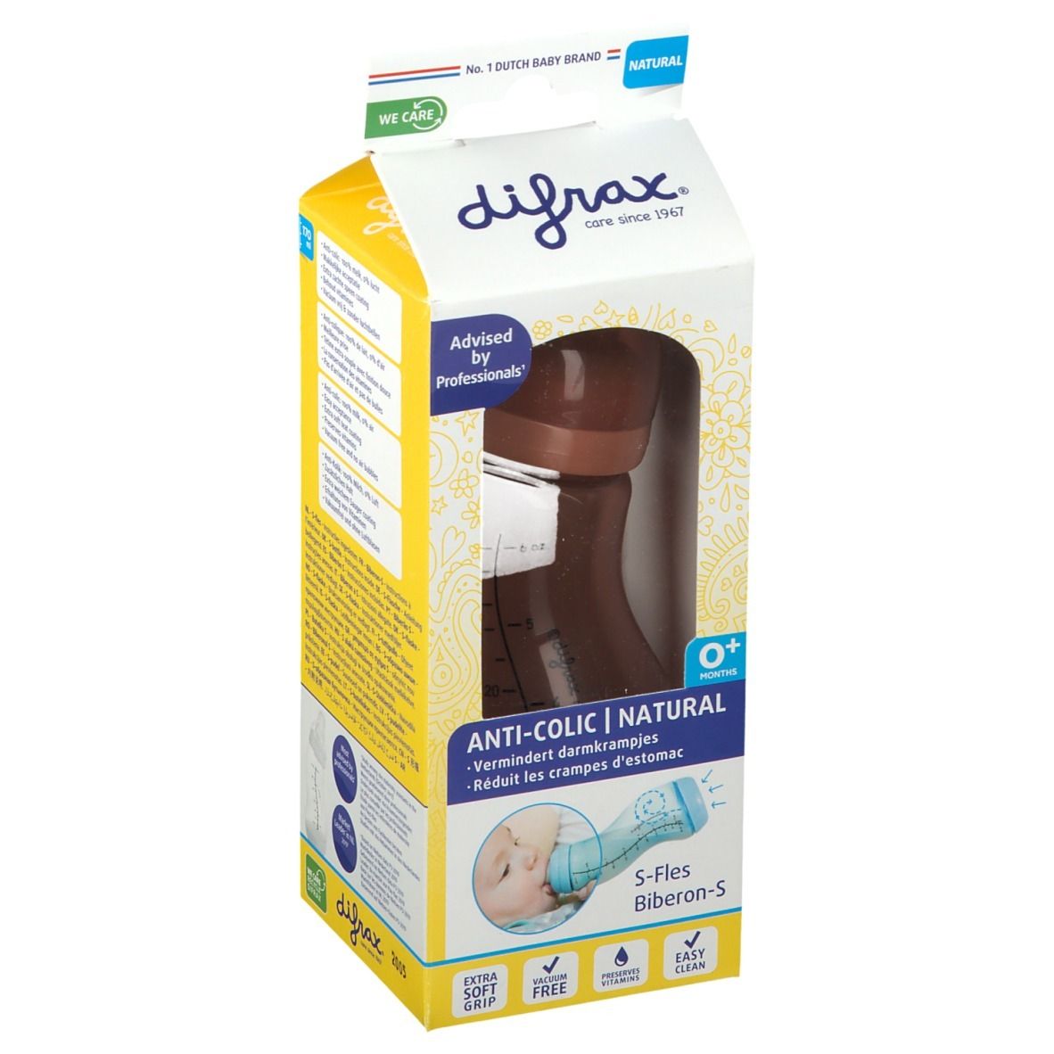 Verpakking met bruine babyfles. Zichtbaar: merk, productnaam, anti-koliekfunctie, S-fles, 0+ maanden.