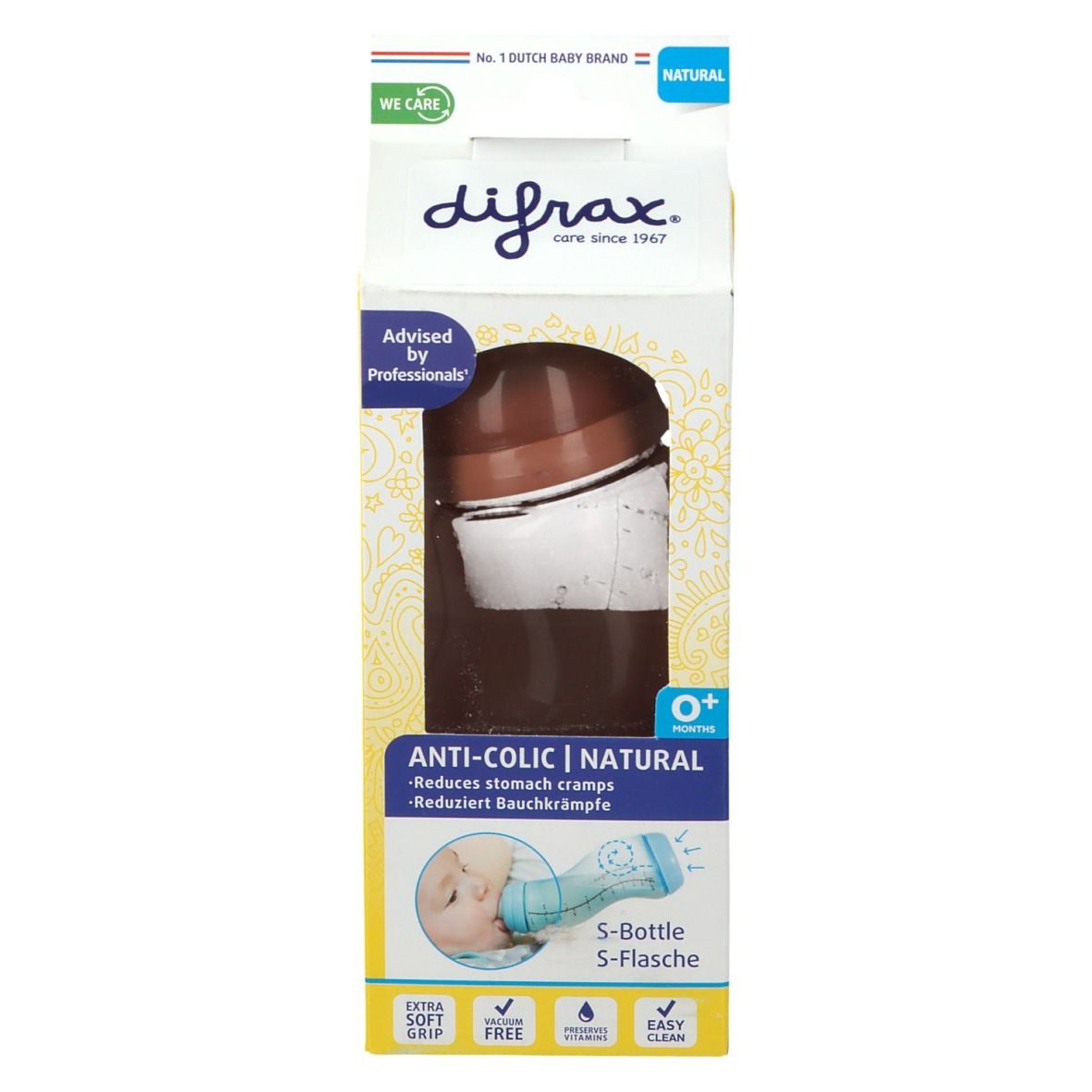 Verpakking met bruine babyfles. Zichtbaar: merk, productnaam, anti-koliekfunctie, S-fles, 0+ maanden.