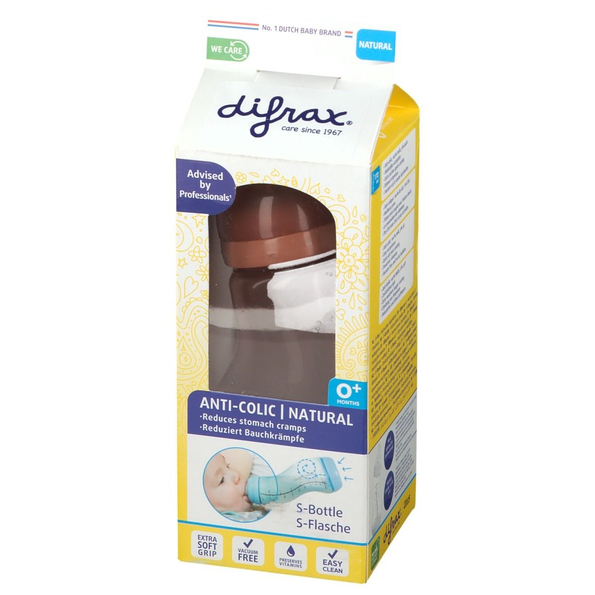 Verpakking met bruine babyfles. Zichtbaar: merk, productnaam, anti-koliekfunctie, S-fles, 0+ maanden.