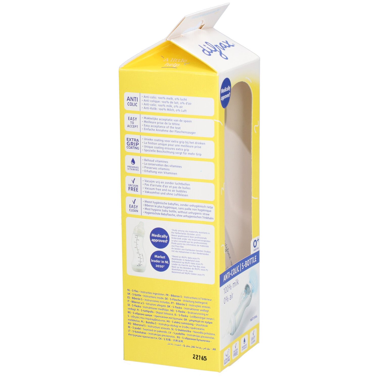 Gelbe Verpackung mit Babyflasche. Sichtbar: Marke, Anti-Kolik, S-Bottle, 0+.