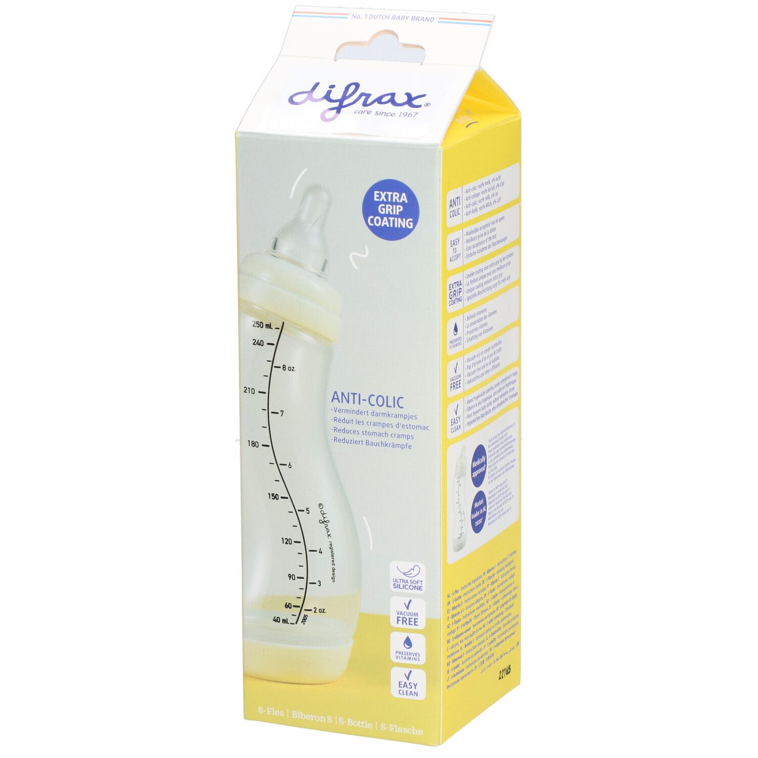 Gelbe Verpackung mit Babyflasche. Sichtbar: Marke, Anti-Kolik, S-Bottle, 0+.