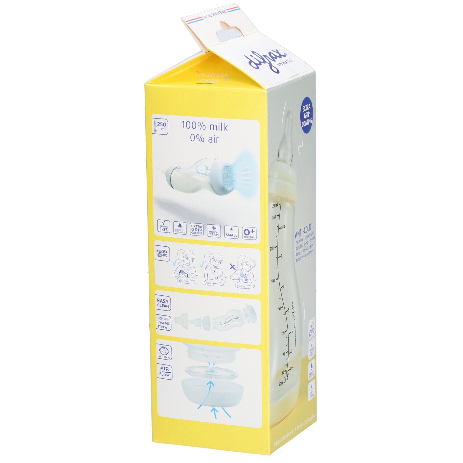 Gelbe Verpackung mit Babyflasche. Sichtbar: Marke, Anti-Kolik, S-Bottle, 0+.