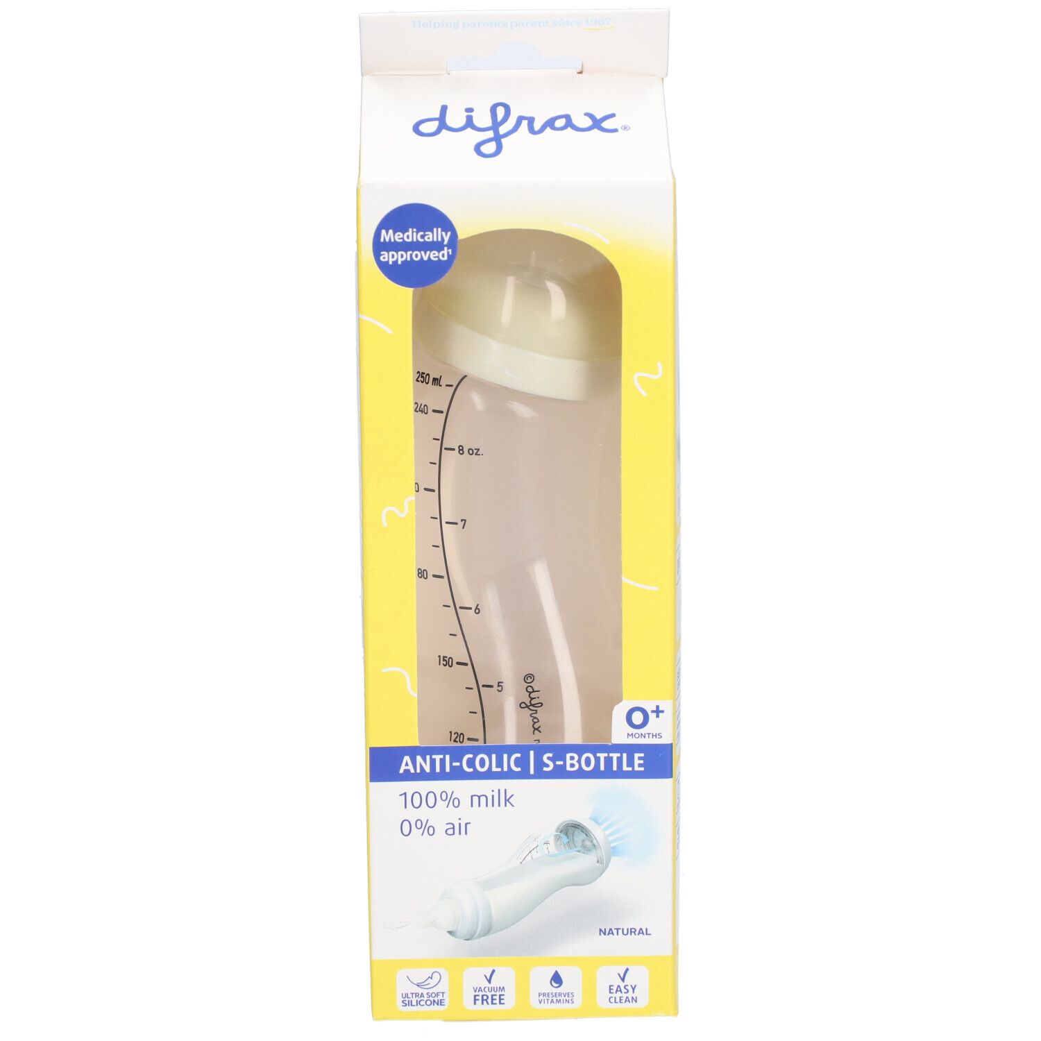 Gelbe Verpackung mit Babyflasche. Sichtbar: Marke, Anti-Kolik, S-Bottle, 0+.