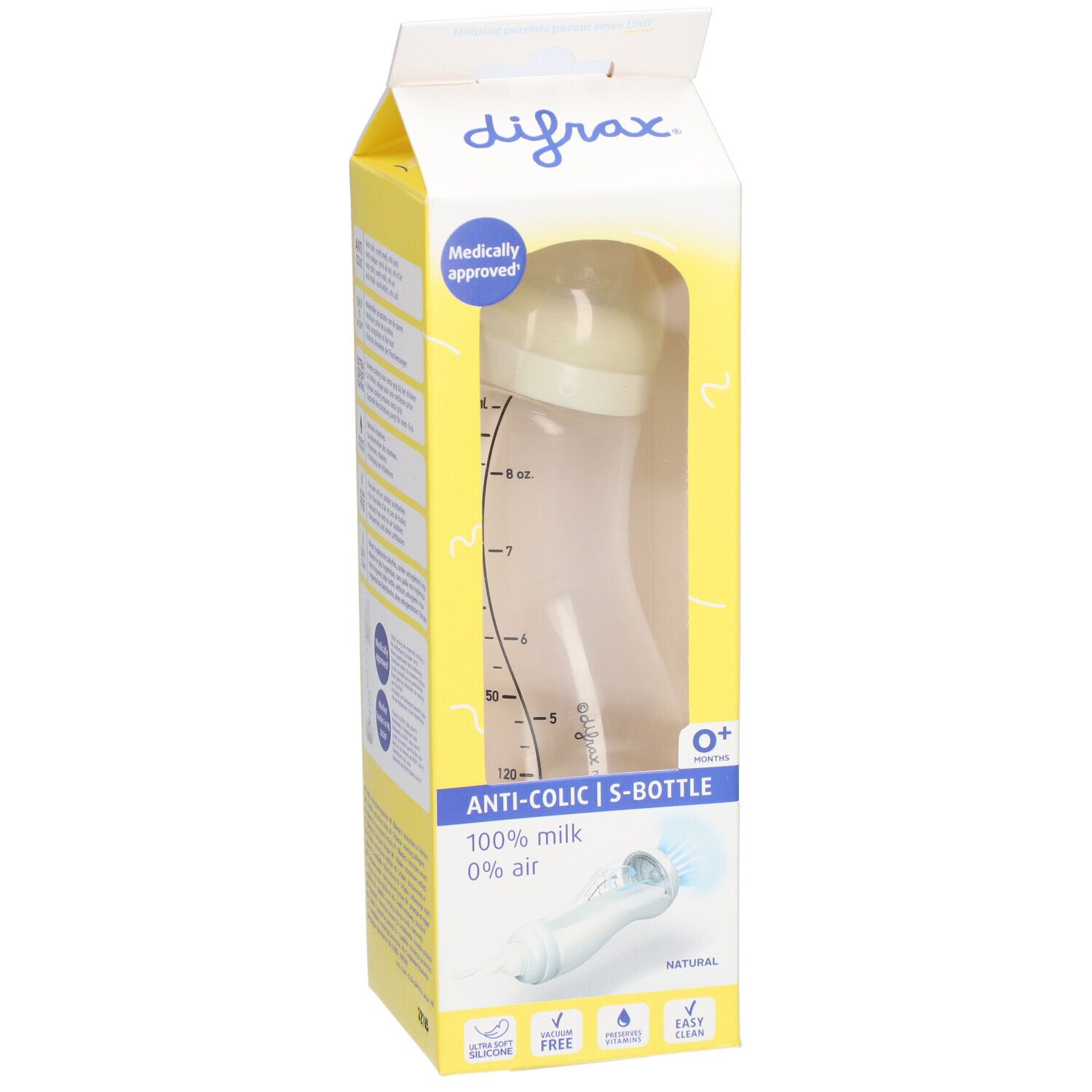 Gelbe Verpackung mit Babyflasche. Sichtbar: Marke, Anti-Kolik, S-Bottle, 0+.