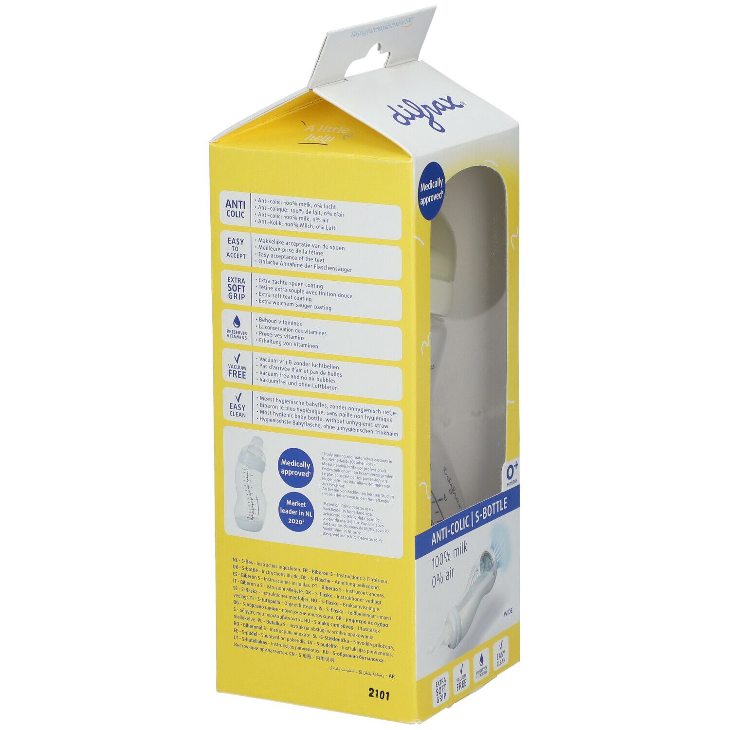 Verpakking van de babyfles. Gele verpakking met productinformatie en illustraties. Tekst: Anti-koliek, 100% melk, 0% lucht.