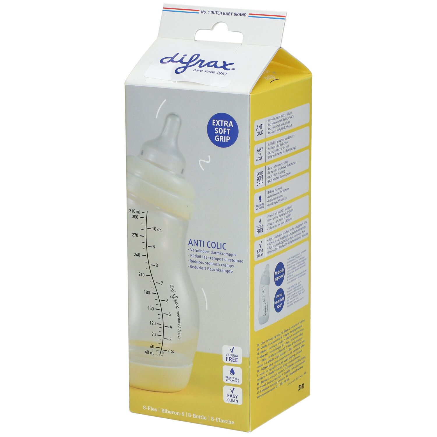 Babyfles in verpakking. Transparante fles met schaalverdeling. Gele speen. Verpakking met productinformatie en logo.