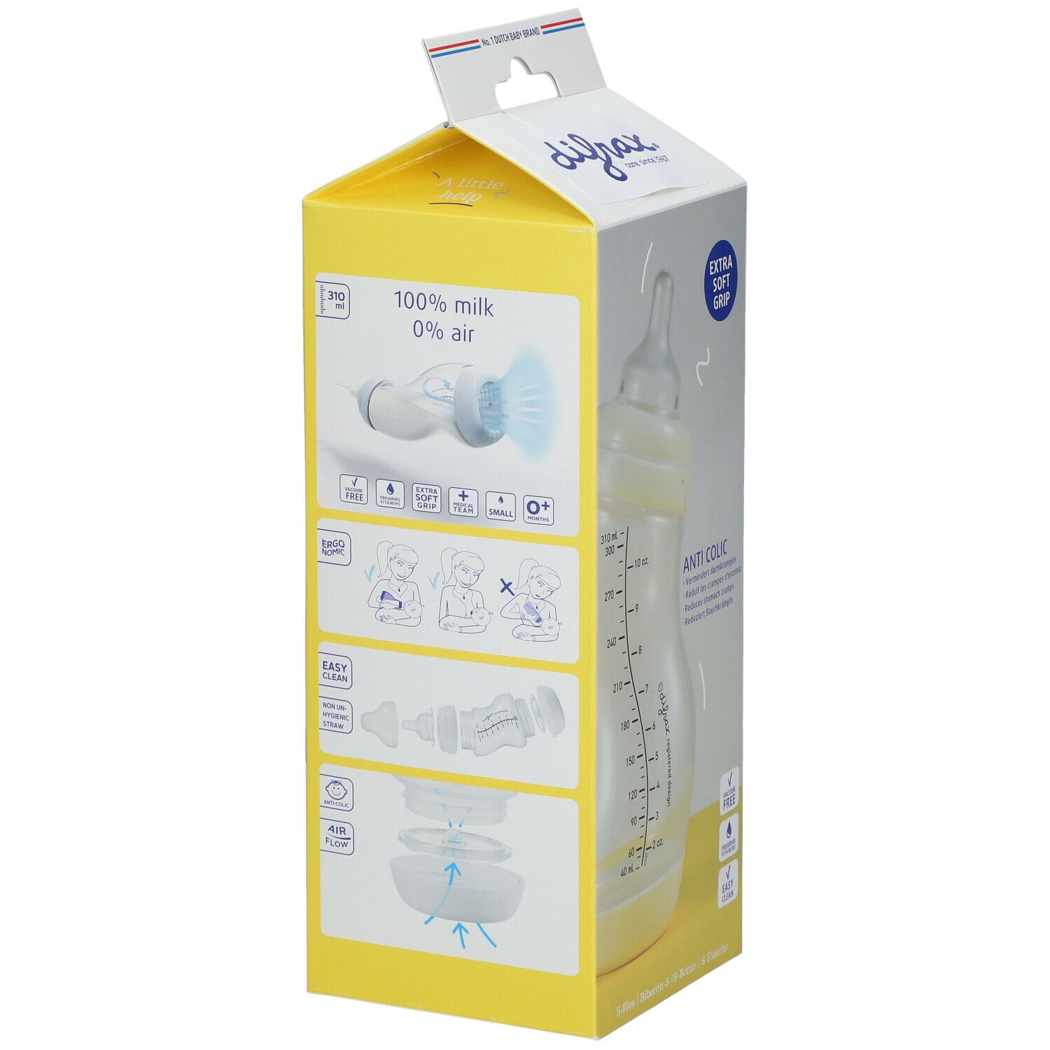 Verpakking van de babyfles. Gele verpakking met productinformatie en illustraties. Fles met speen afgebeeld.