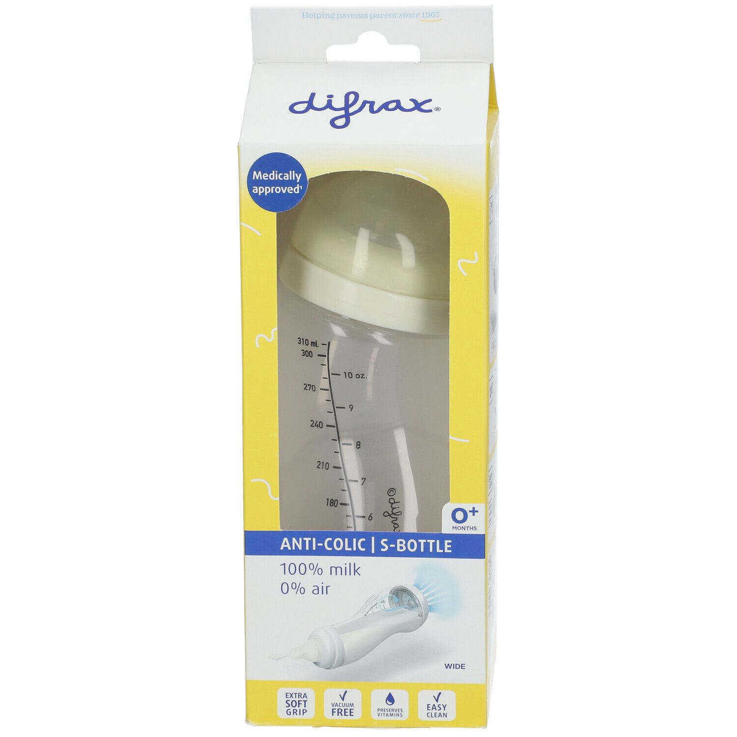 Babyfles in verpakking. Transparante fles met schaalverdeling. Gele speen. Verpakking met productinformatie.